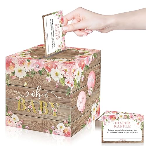 Pajean Juego de 50 boletos y cajas para rifas de pañales florales, flores de acuarela, consejos y deseos para los futuros padres, accesorio para