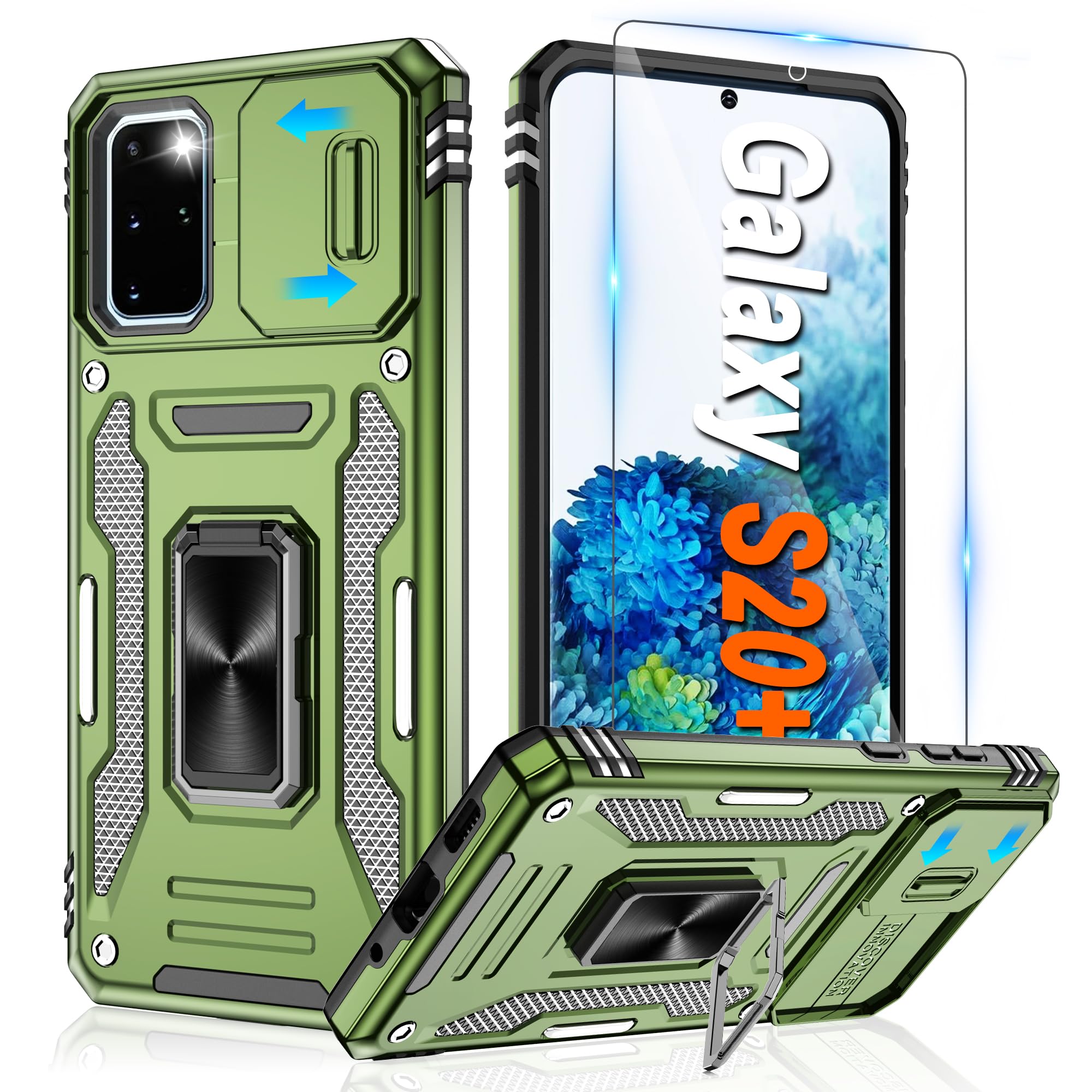 Atump for Samsung Galaxy S20+ Plus Case with HD Screen Protector with Slide Camera Cover, 360° Rotation Ring Kickstand [Military Grade] Shockproof Protective Case for Galaxy S20 Plus, Olive Green