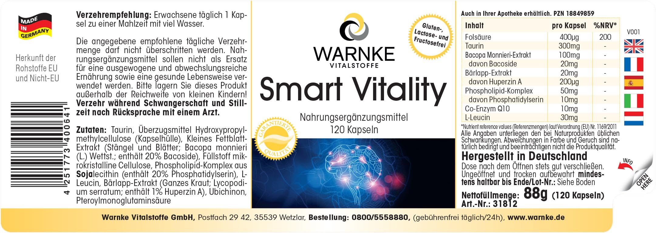 Smart Vitality - Complexe avec acide folique, taurine, Bacopa Monnieri, lycopode, phospholipide & Q10-120 gélules - fortement dosé - vegan | Warnke Vitalstoffe - Qualité des pharmacies allemandes