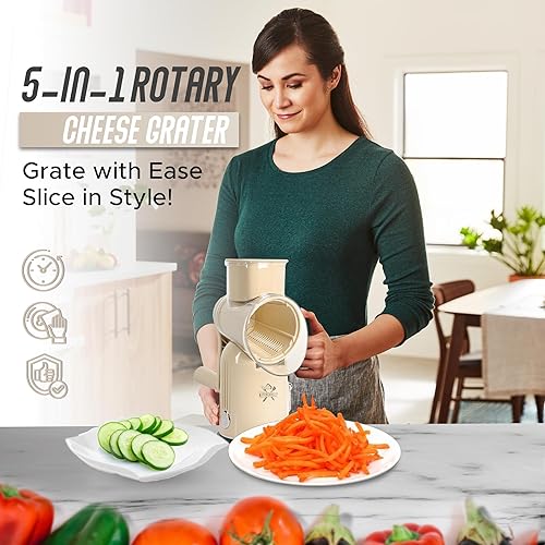 Miniatura 7 de Rallador de queso giratorio 5 en 1 con manivela de mano - Rebanador multifuncional de verduras, trituradora de nueces y quesos - Rallador de