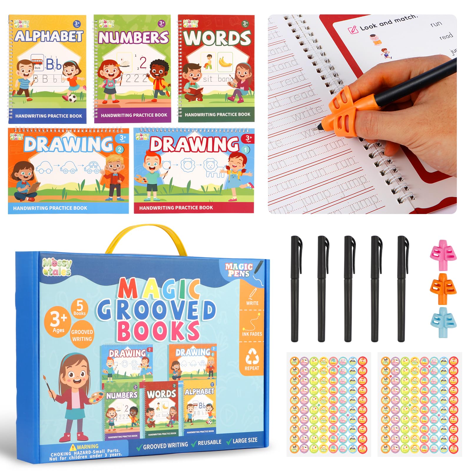 Magic Grooved Handwriting Practice Book for Kids Ages 3-8, Reusable Tracing Workbooks with Auto-Disappearing Ink, Preschool Learning Activities for