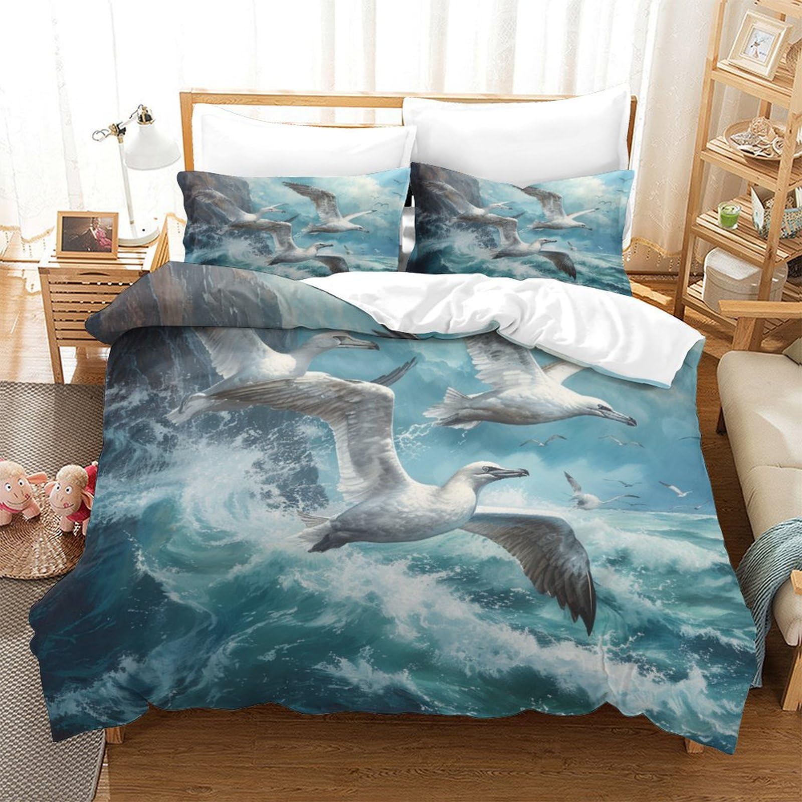 Housse de couette vagues et mouettes pour lit d'adolescent marin
