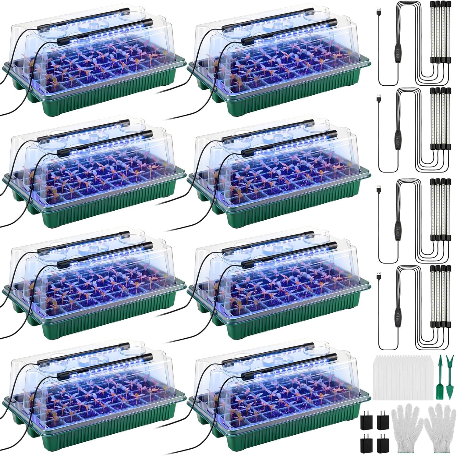 8 Pack Starter Tray with Light, 320 Cells Sprouting Kit Seedling Tray with Humidity Domes, Remote, Timer, Adjustable Light & Gloves, Starter for Indoor Greenhouse