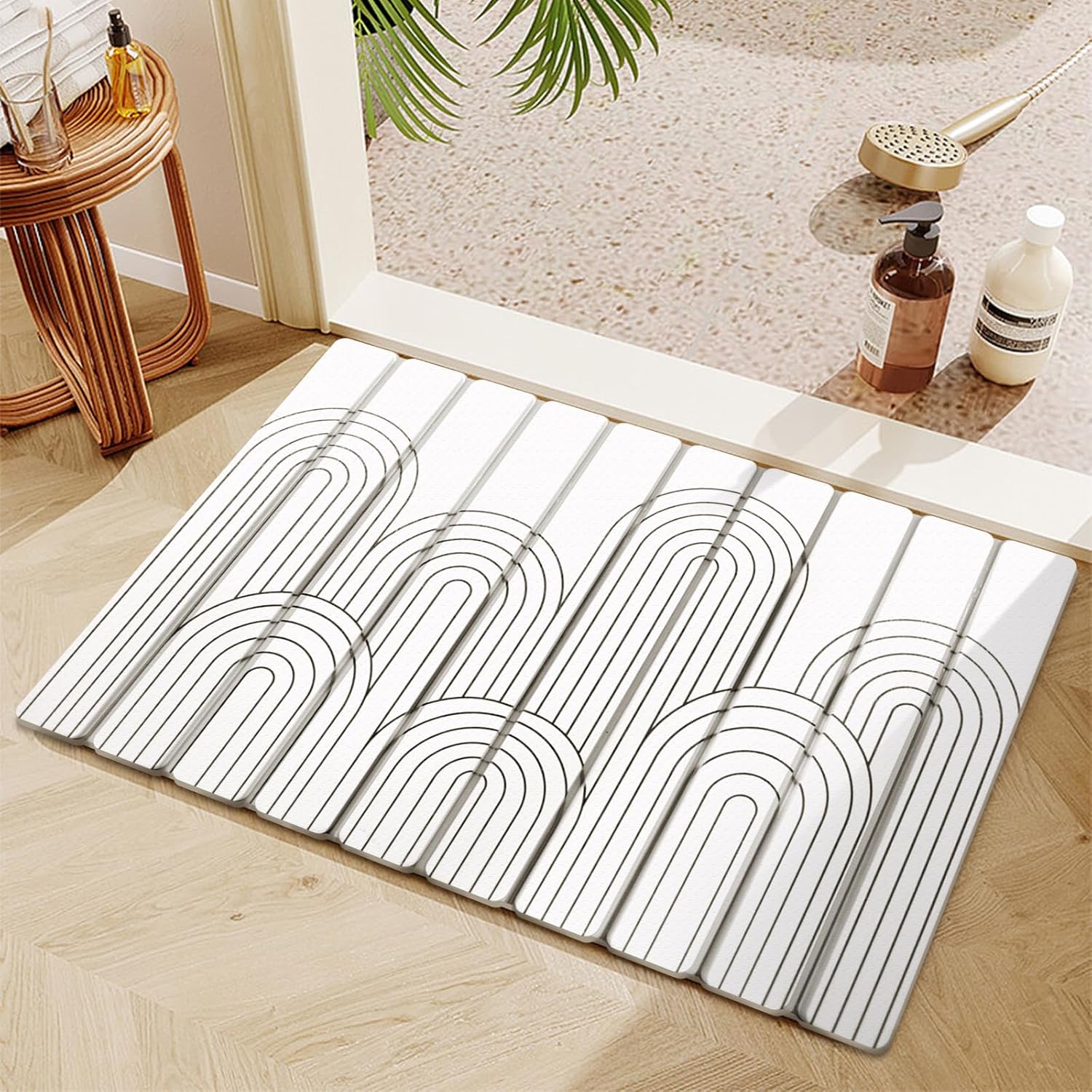 Foldable Diatomite Stone Bath Mat Quick Dry, Non-Slip Stone Bathroom Mat 23.6 x 15.3 inch, Super Absorbent Mats for Shower Dish Drying Mats for Kitchen, White