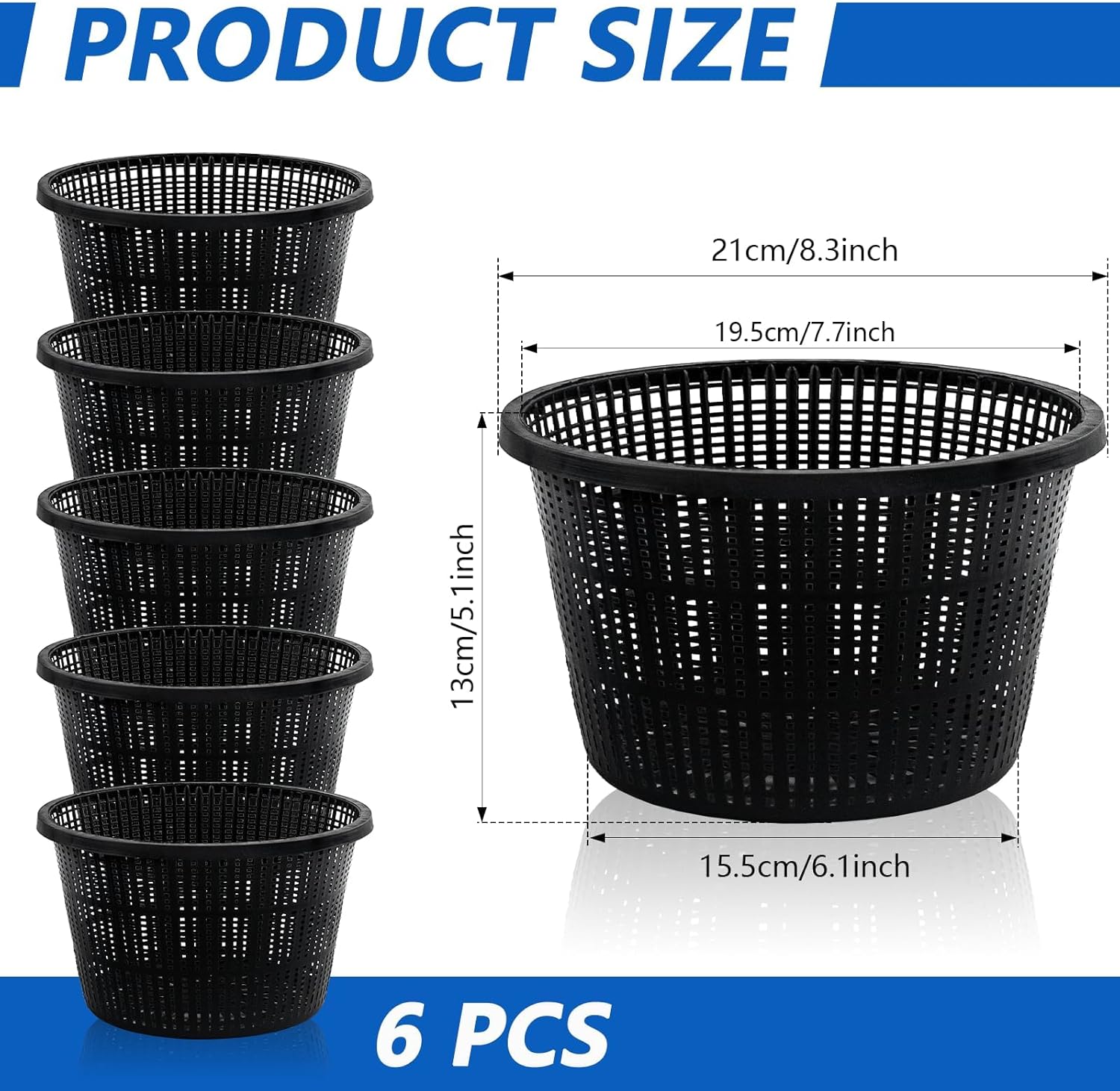 Hydroponic Mesh Net Pots, 6 Pieces, Black Plastic Garden Baskets for Aquatic Plants, Pond and Aquarium