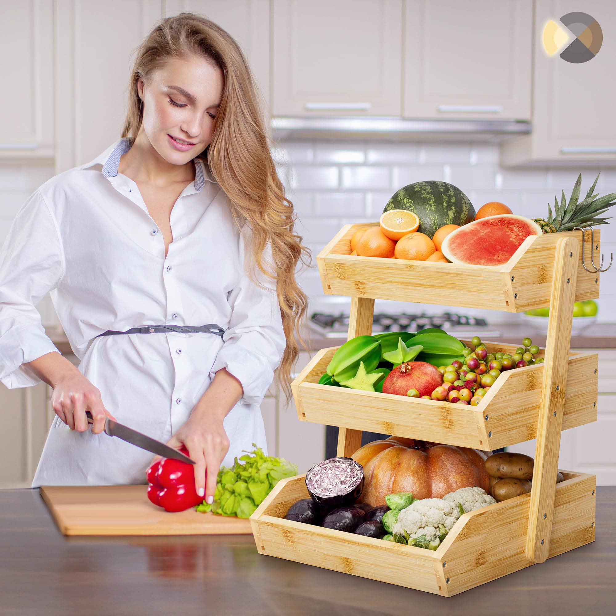 Cesto Portafrutta In Bambù 3 Ripiani: Organizer Da Cucina Con Ganci Per Banane, Nero