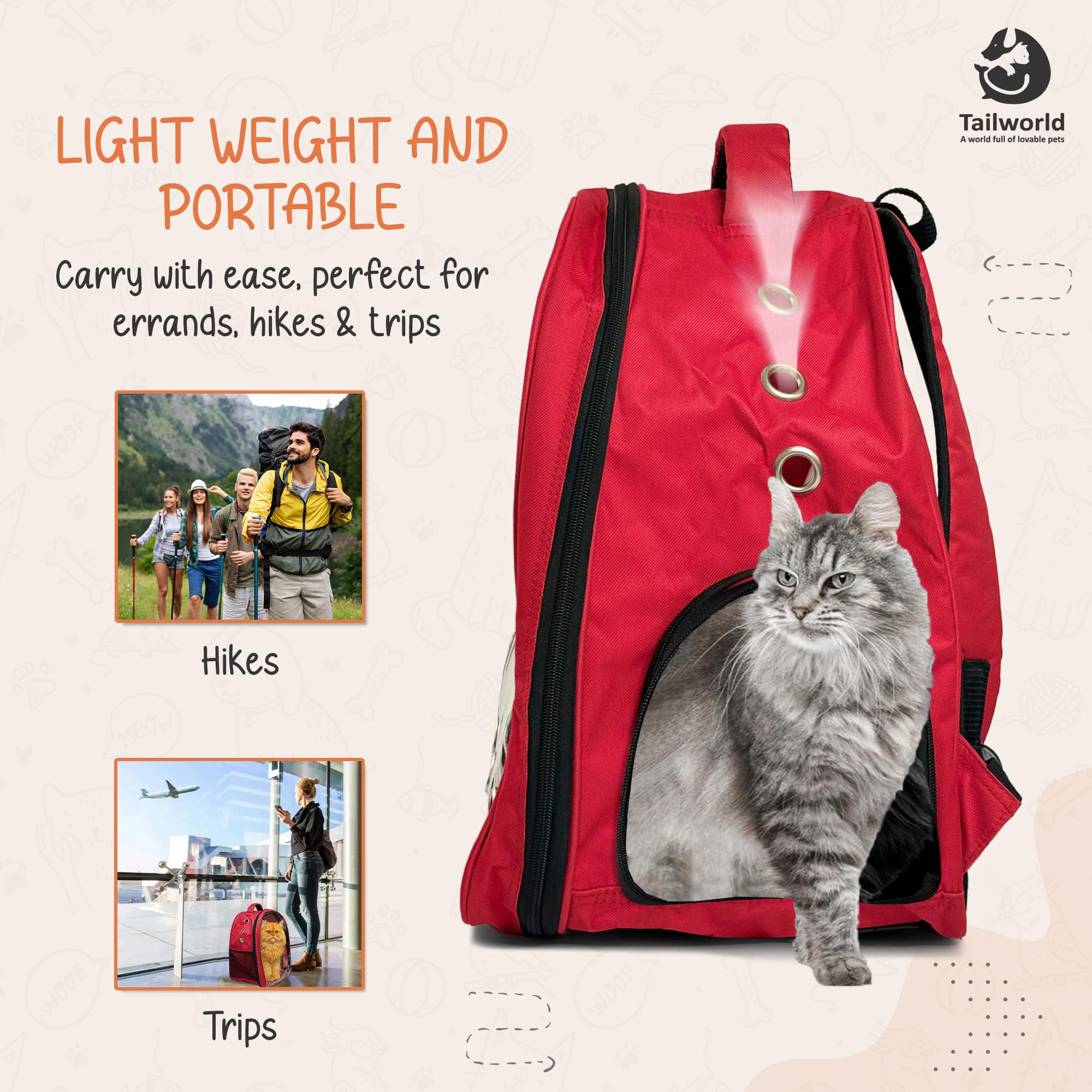 Tailworld Portable Pet Carrier Backpack for Cats & Small Dogs – Transparent Window, 9 Air Vents, Breathable Mesh, Built-in Safety Leash, Lightweight Travel Bag for Outdoor & Travel (Red) 4