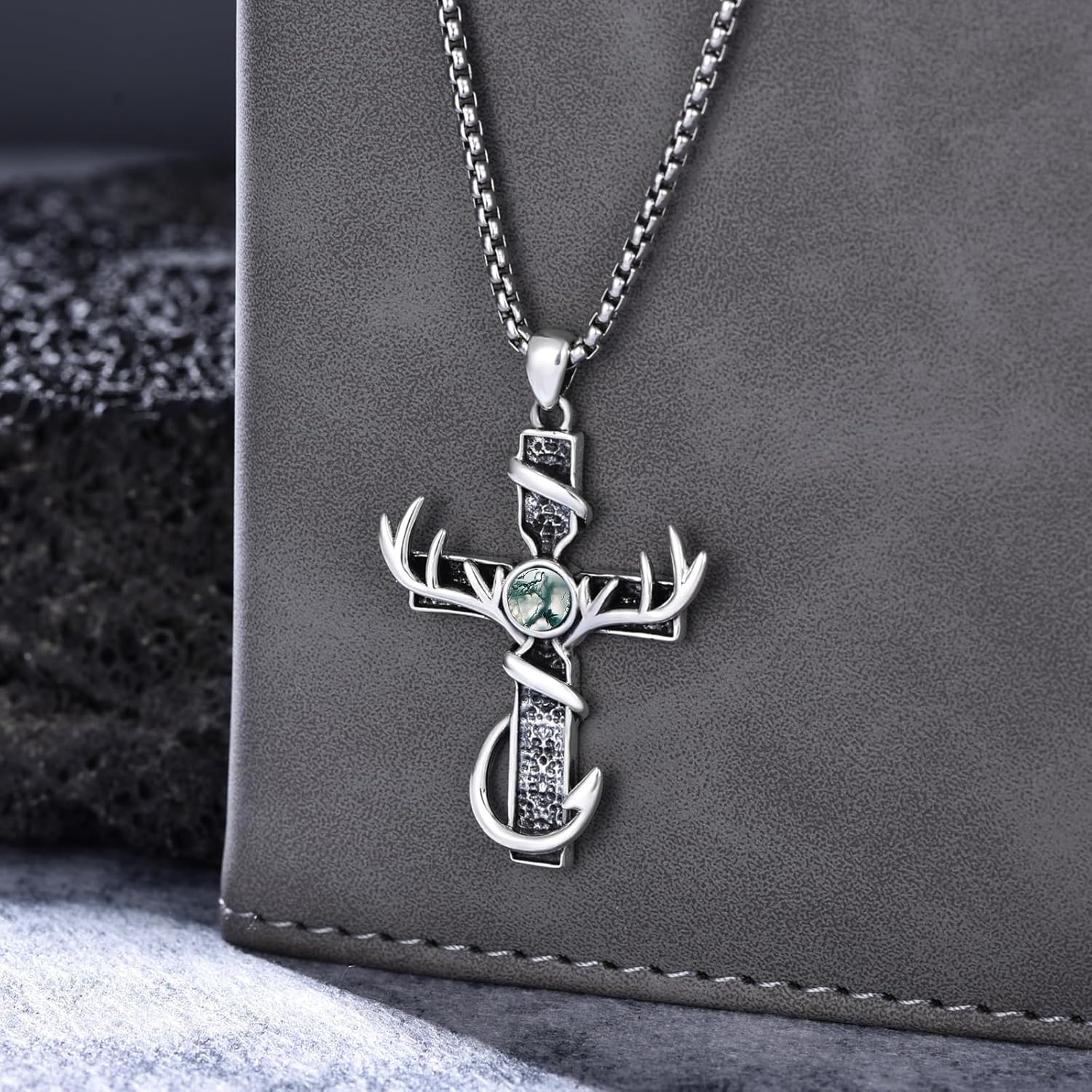 Hunting Cross Necklace 925 Sterling Silver Antler Pendant Fish Hook Necklace Deer Jewelry Hunting Gifts for Men Hunters Dad - Image 2
