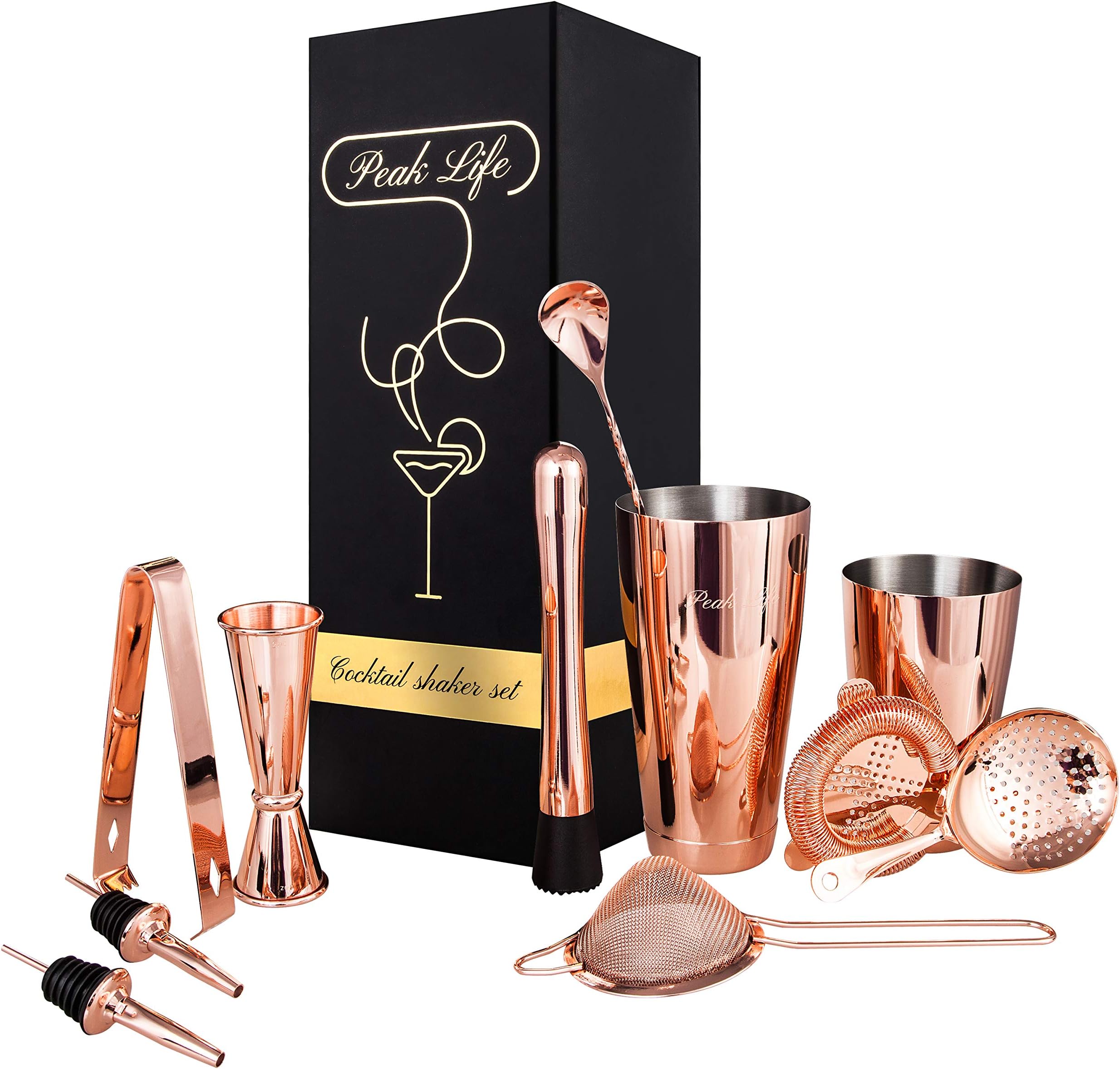 Peak LifeBoston Cocktail Shaker Professional Bartender Kit – Home Bartending Accessories 11 –Piece Bar Set Including Hawthorne Julep Strainers Muddler for Margarita Martini Drink Mixing, Copper