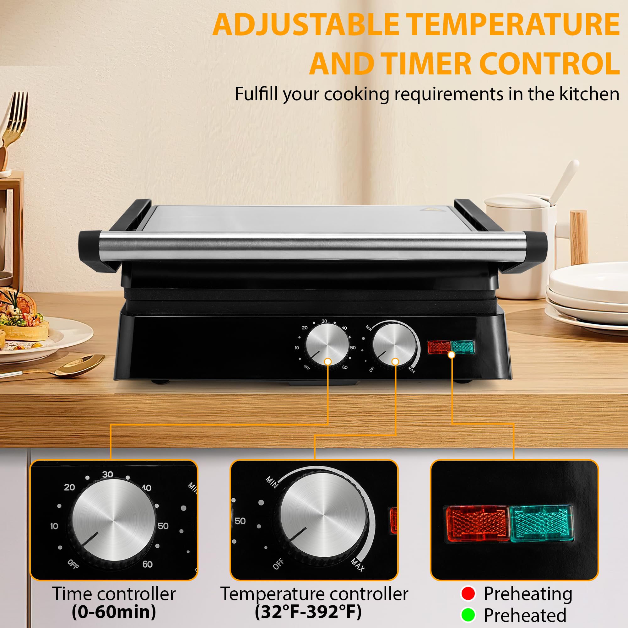 SUSTEAS Panini Press Sandwich Maker and Electric Indoor Grill with Temperature Time Setting, Easy Clean Nonstick Grids, Opens 180°/105° to Fit Any Type or Size of Food, 1400W, BBQ, Black