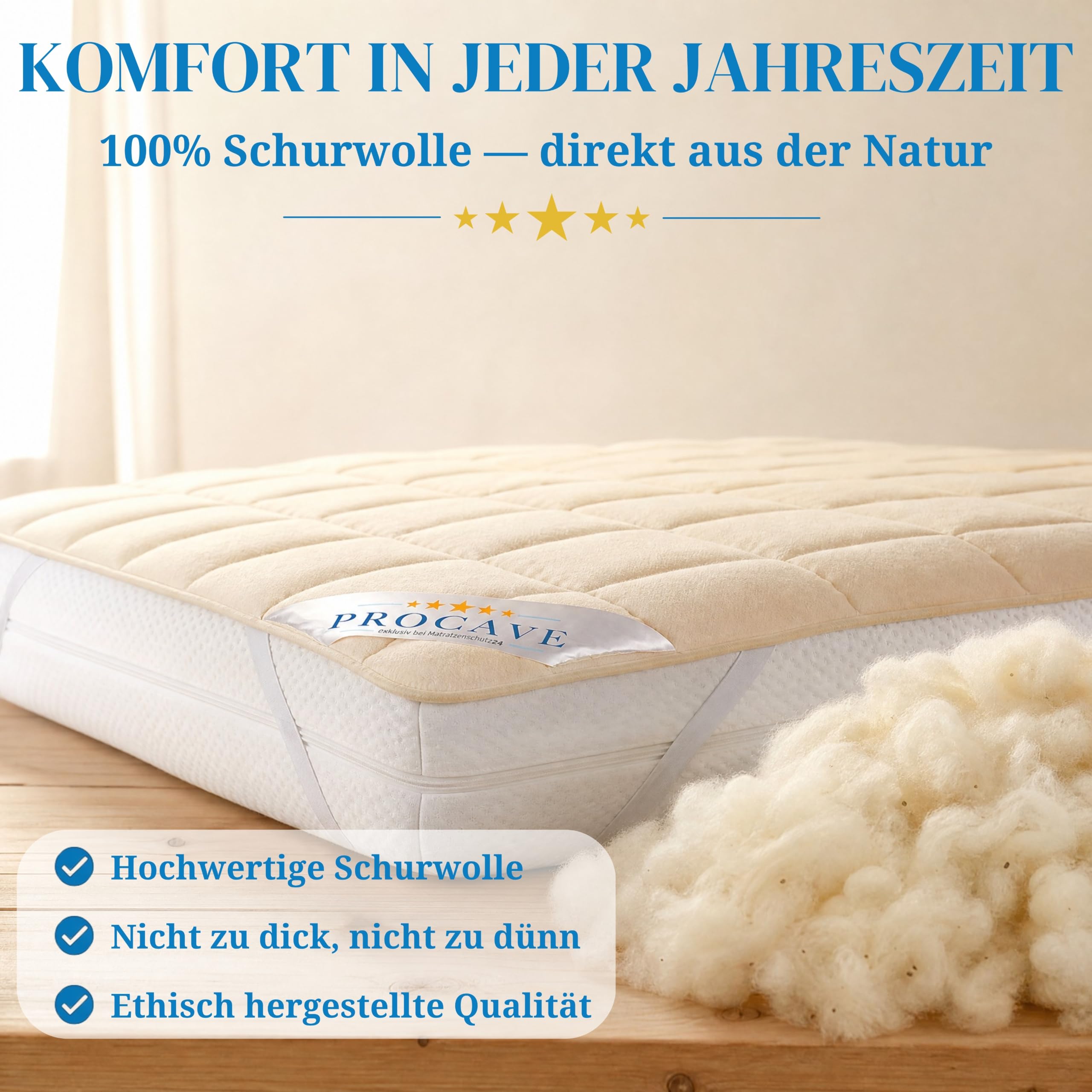 PROCAVE weiches Unterbett aus Schurwolle, atmungsaktiver Matratzen-Schoner, Matratzenbezug mit 4 Eckgummis,Matratzen-Auflage 180x200 cm