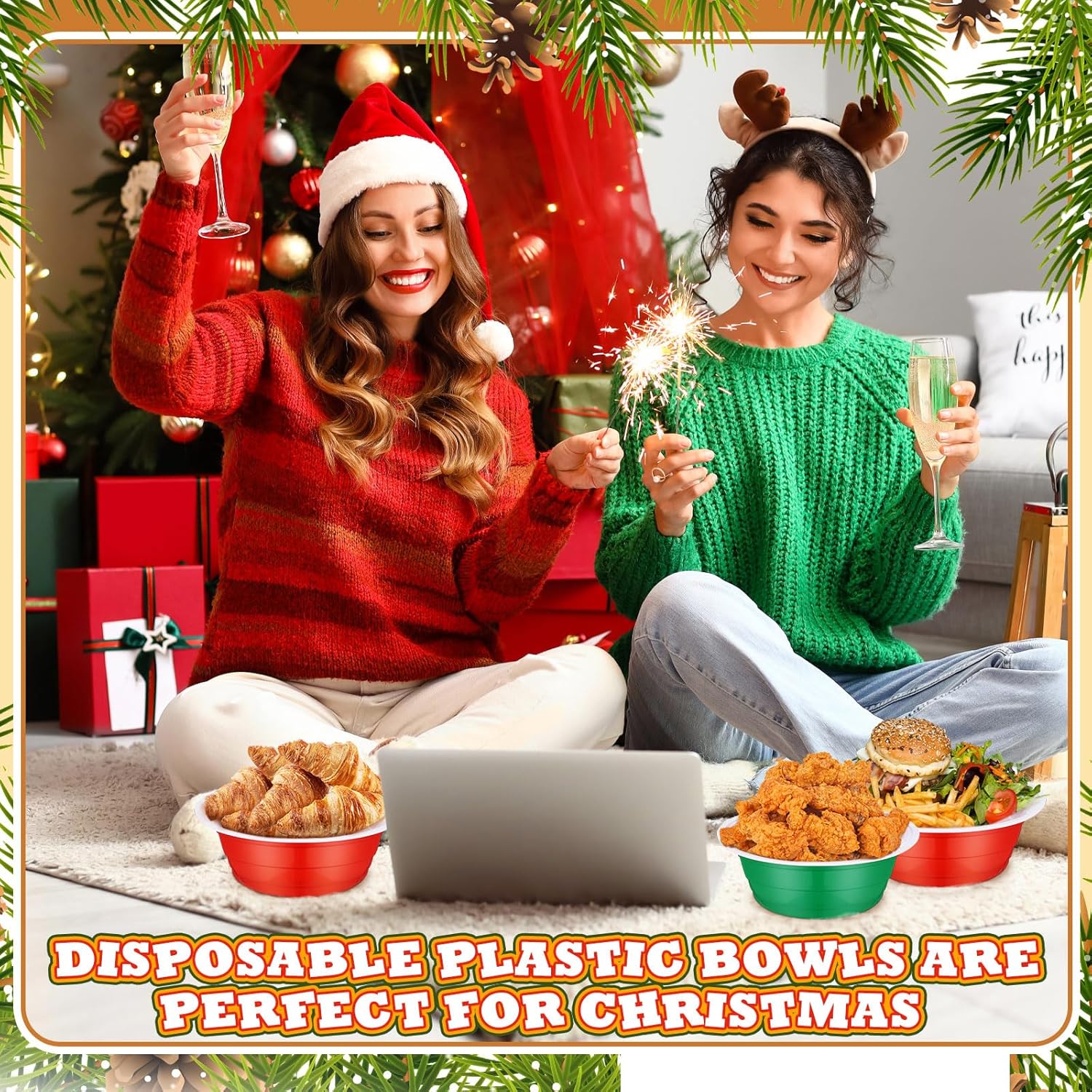 100 Pcs Christmas Plastic Bowls 23 oz Disposable Salad Plastic Serving Christmas Party Supplies Red Dark Green Candy Snack Bowls for Wedding Picnics Birthday