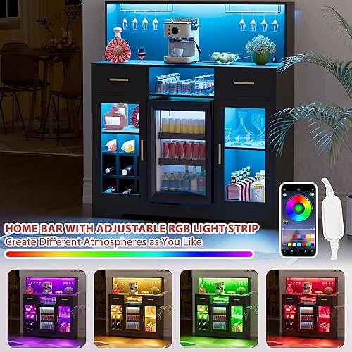 Miniatura 5 de Mini gabinete de nevera con almacenamiento, gabinetes de bar de vinos para el hogar con luz LED y toma de corriente, gabinete de barra de café con