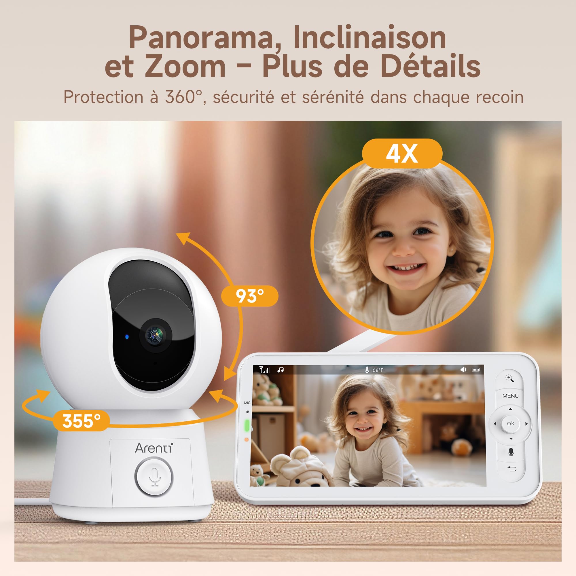 ARENTI Babyphone Camera Bébé, Baby Phone Vidéo Connecté Smartphone, Baby Moniteur Vidéo avec VOX, Détection de Température, Alertes Intelligentes/Vision Nocturne/Suivi Automatique