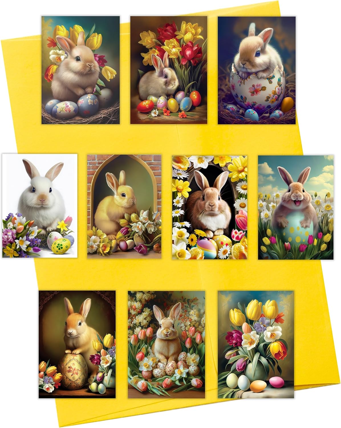 Easter Greeting Cards Set of 10 Premium 5x7 Cards with Cute Bunny and Spring Flowers Designs Blank Inside with Yellow Envelopes Made in USA