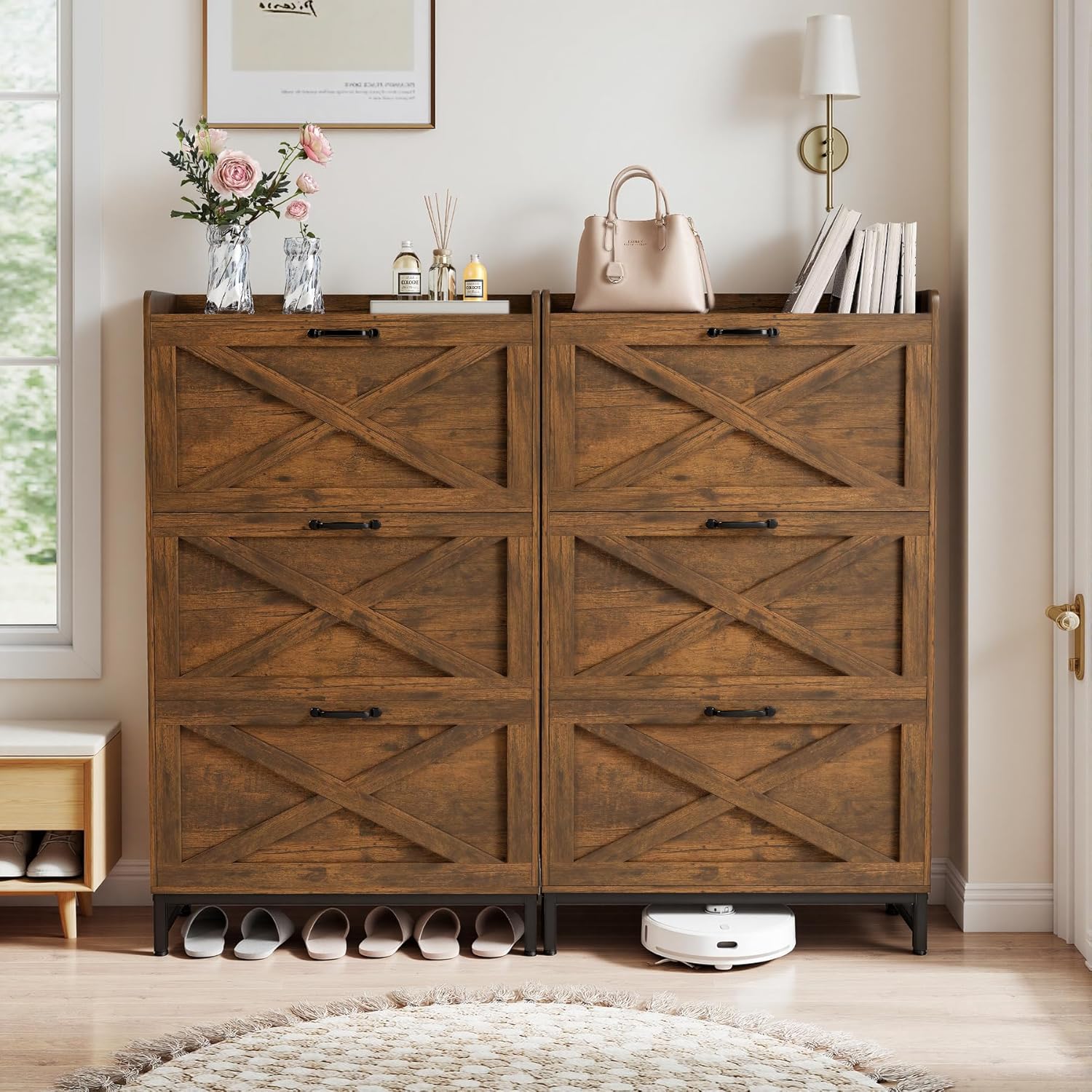 Miereirl Rustic Farmhouse Shoe Cabinet for Entryway, Narrow 3 Flip Drawer Shoe Storage Organizer for 12–16 Pairs, Space-Saving Hallway Cabinet with Metal Frame & Top Shelf, Brown