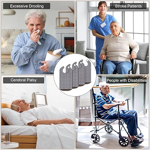 Miniatura 36 de Baberos para adultos, protector de ropa impermeable con atrapador de migas, baberos de comedor reutilizables para ancianos, hombres y mujeres Azul,