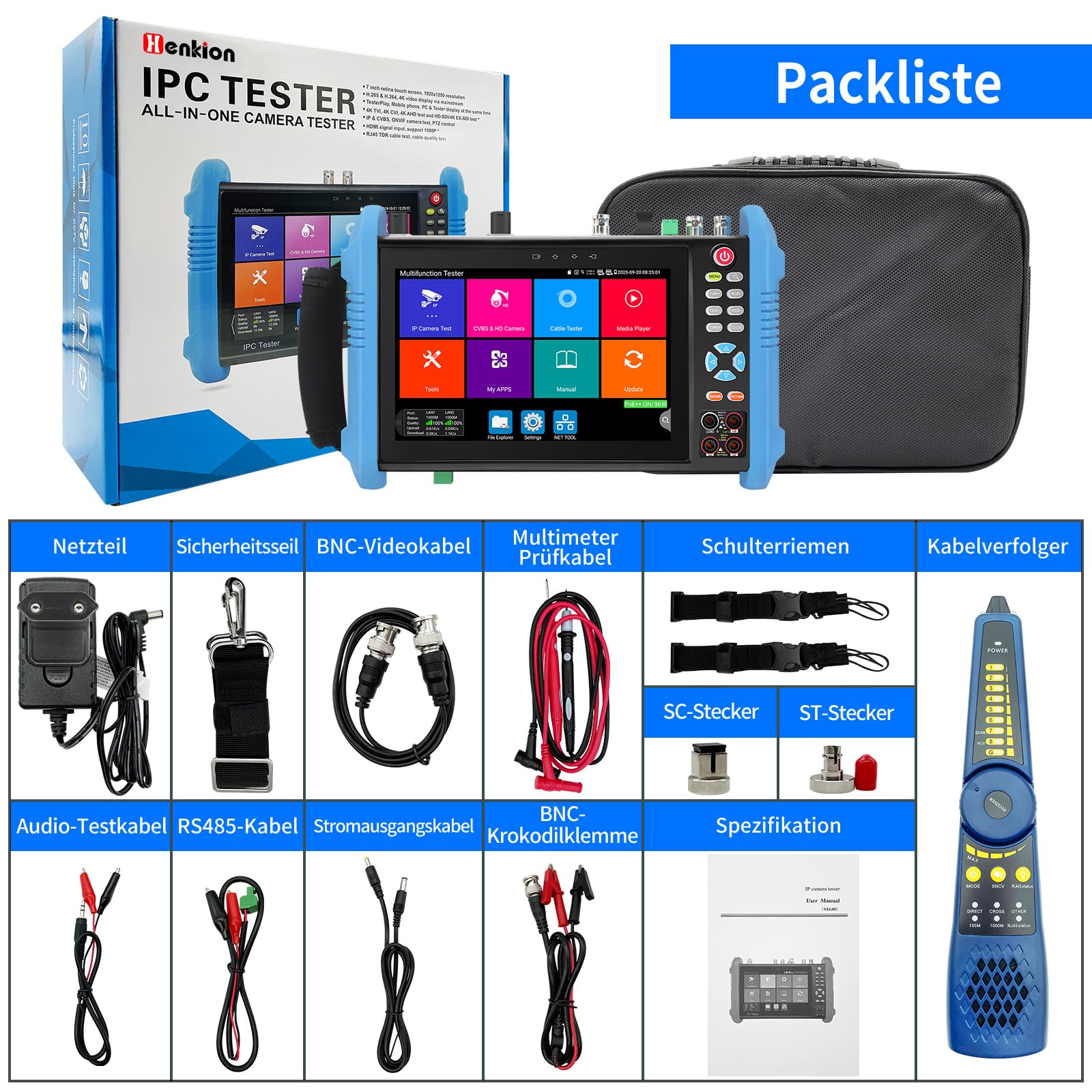 Henkion IPC-9800MOVTADHS Pro CCTV-Kameratester 8K 32MP IPC-Test 7-Zoll-IPS-Touchscreen-Monitor CCTV-Tester Unterstützung 4K 8MP HD-TVI CVI AHD SDI IP-Kameratest DMM OPM TDR POE RS485 WiFi HDMI VGA