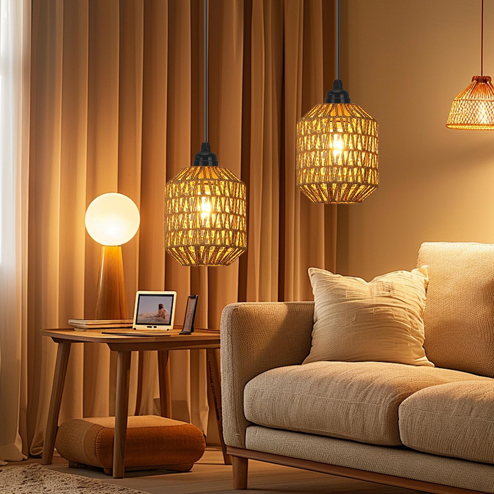 Suspension Luminaire,2 Pièces Suspensions en Rotin,Lampe Suspendue avec Télécommande,Lampe Suspension Rétro,Rotin Insert Suspension,pour l'intérieur,l'extérieur,le Jardin,le Balcon