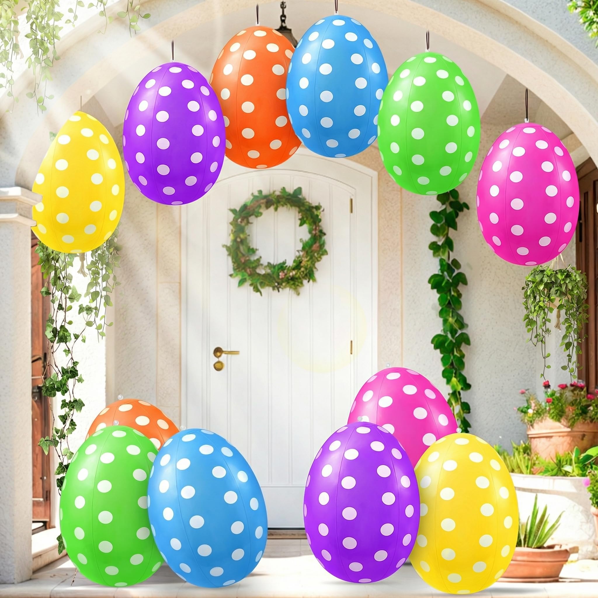 Photo 1 of 12 Pack 16 inch Inflatable Easter Eggs Decorations, Easter Blow Up Yard Decorations Colorful Outdoor Ornaments for Garden Lawn Spring Party Supplies & Egg Hunt Games