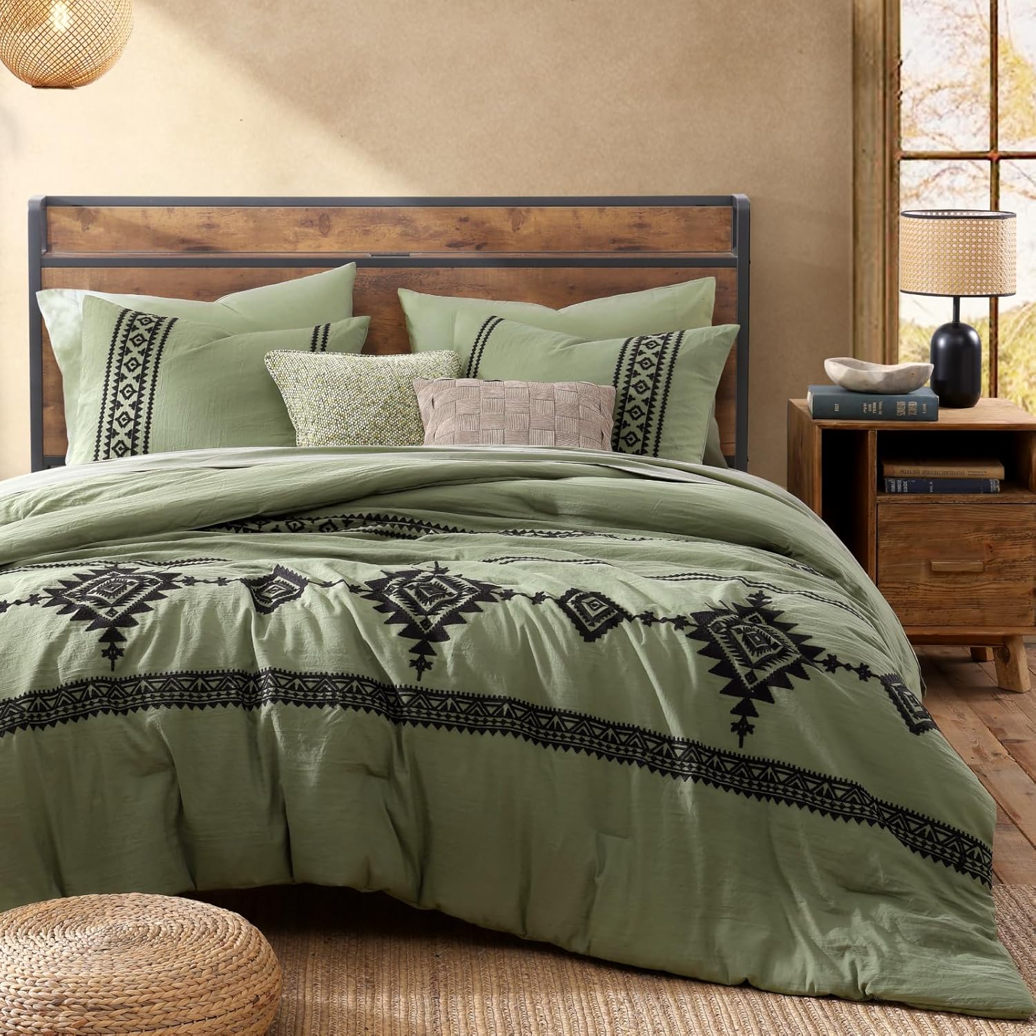 MaiRêve Embroidery King Size Comforter Set Light Olive Green, Farmhouse Western Boho Bedding Set 7 Pieces, All Season Bed in A Bag Comforter Set with Sheets, Pillowcases & Shams - Image 8