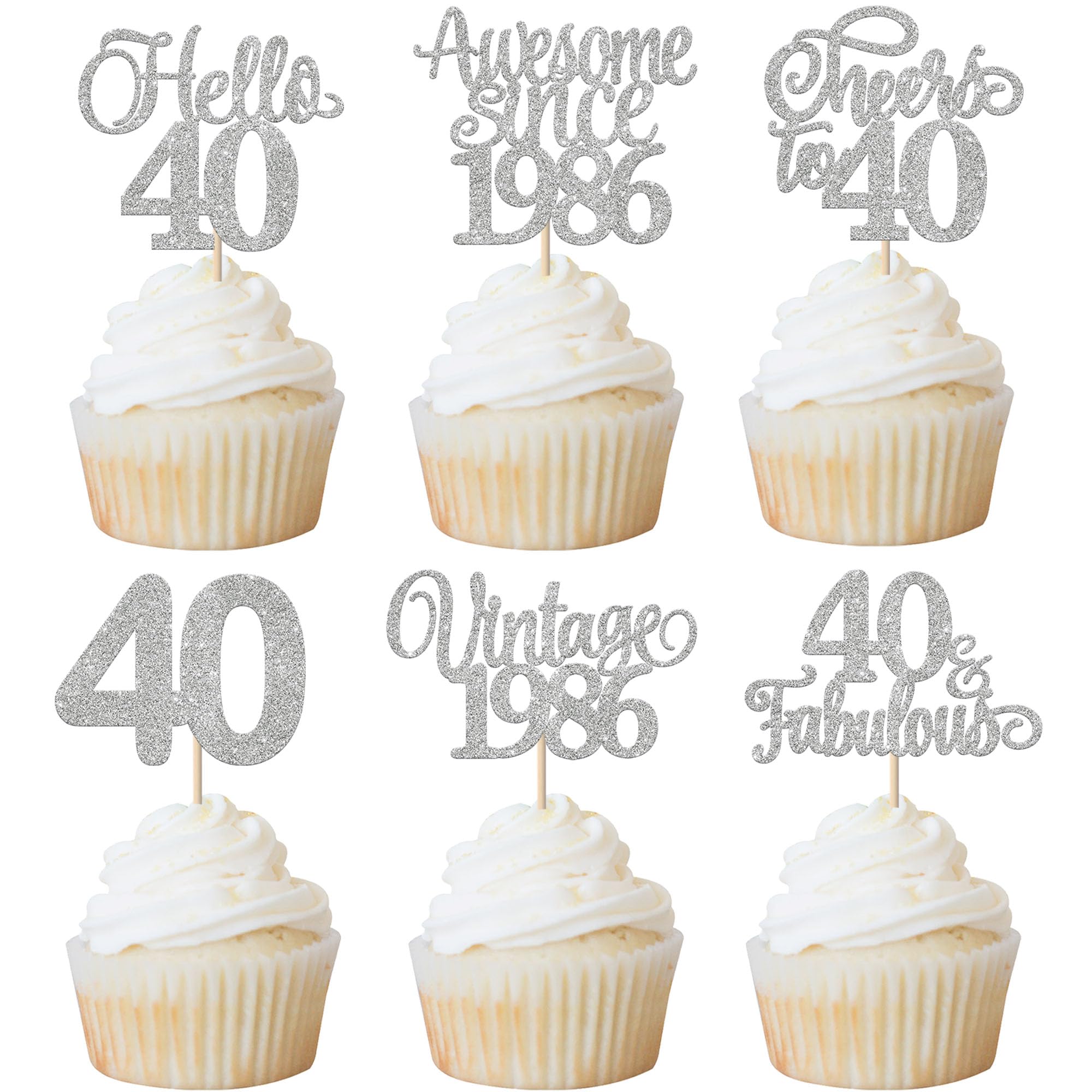 Xsstarmi 24 Pack Vintage 1986 Cupcake Toppers Glitter Silver Hello 40 Fabulous Forty Cupcake Picks Cheers to 40 Years Birthday Cake Decorations for Happy 40th Birthday Anniversary Party Supplies