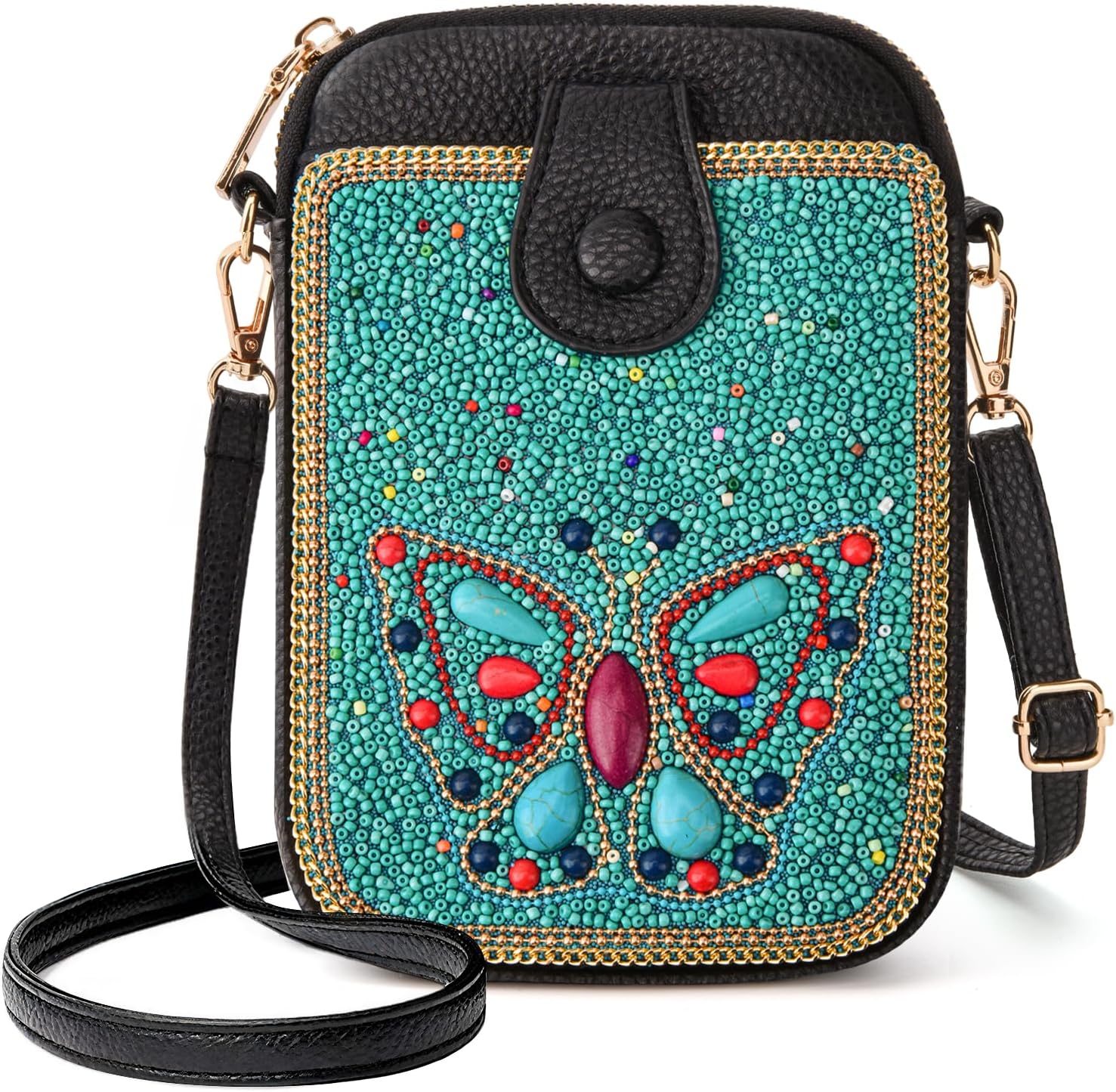 Ayuoejik Women's Small Crossbody Cell Phone Bag, Boho Colorful Beaded Purse Wallet with Handmade Cute Patterns