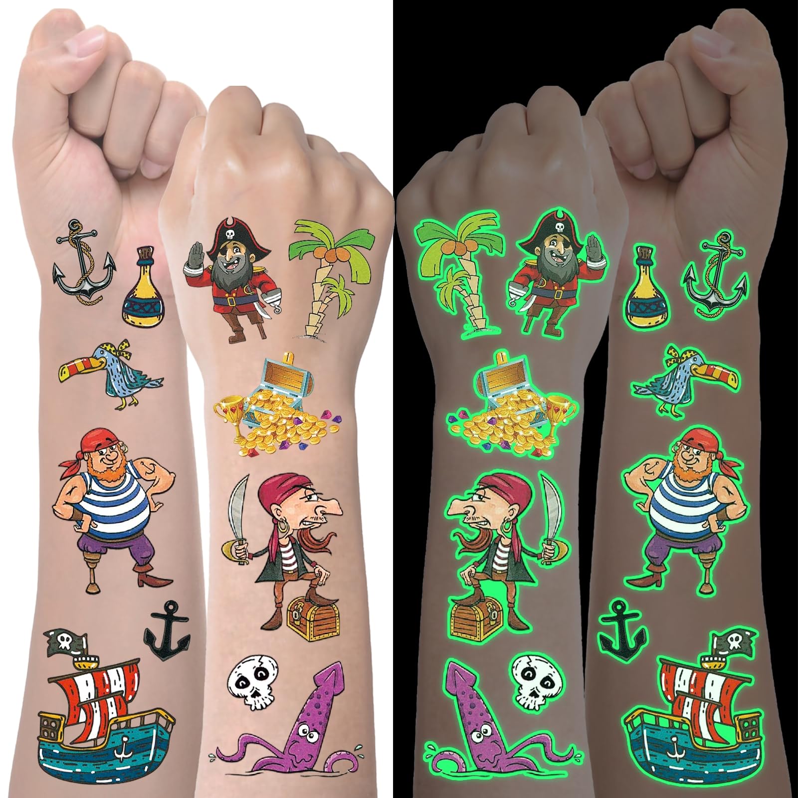 Piraten Tattoo Kinder, 10 Blätter Leuchtend Kindertattoos Mitgebsel Kindergeburtstag, Piraten Kostüm Junge Mädchen Accessories Aufkleber, Piratenkostüm Kinder Gesichtstattoo Pirate Zubehör