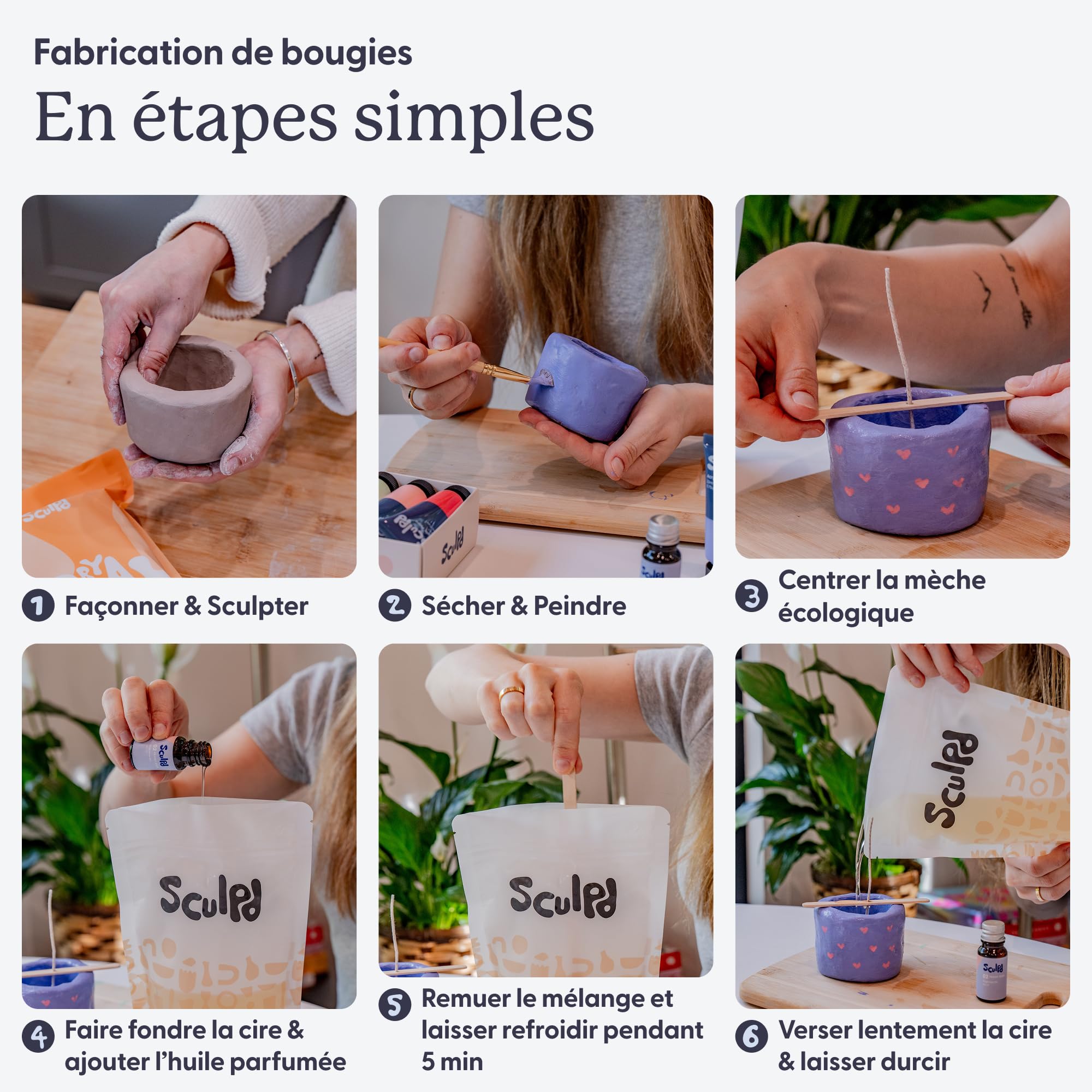 Kit de Fabrication de Bougies en Céramique Sculpd pour Adultes avec Ensemble d'argile à séchage à l'air et Peinture Acrylique, Cire de Soja Écologique Non-Toxique, Huile Parfumée Parfumée, Glaçure de
