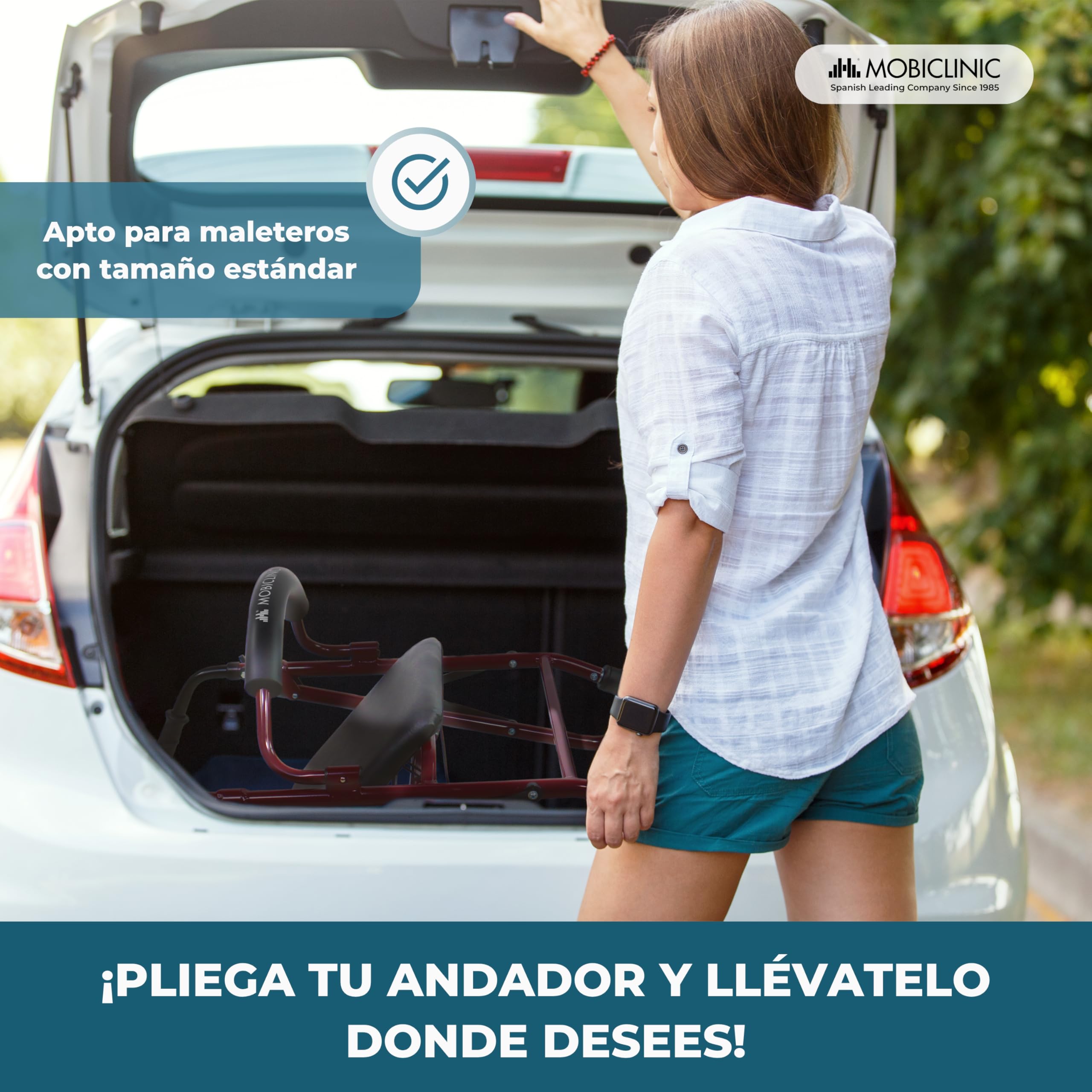 Mobiclinic®, Andador Plegable, Ligero, Rollator, Prado, Frenos por Presión, con Asiento, Cesta y 4 Ruedas, Aluminio, Burdeos
