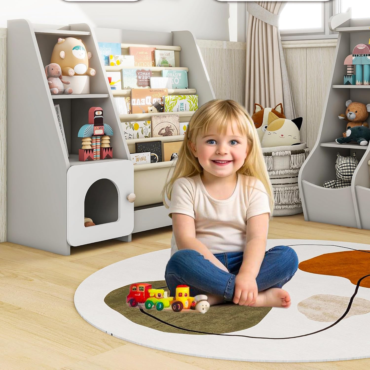 Kids Bookshelf Montessori, 5 Sling Bookcase, 4 Tier Toy Storage, Wooden Toddler Book Rack, Baby Toy Storage Floor for Nursery Playroom Library Bedroom, Grey