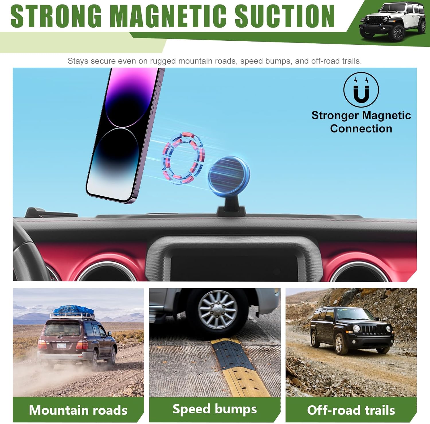 Magnetic Phone Mount Holder for 2018-2023 Jeep Wrangler JL JLU & 2020-2023 Gladiator JT Magnet Dash Cell Phone Cradles Adjustable Phone Stand Accessories for Jeep JL/JT(Not for 4XE/JK/2024+)