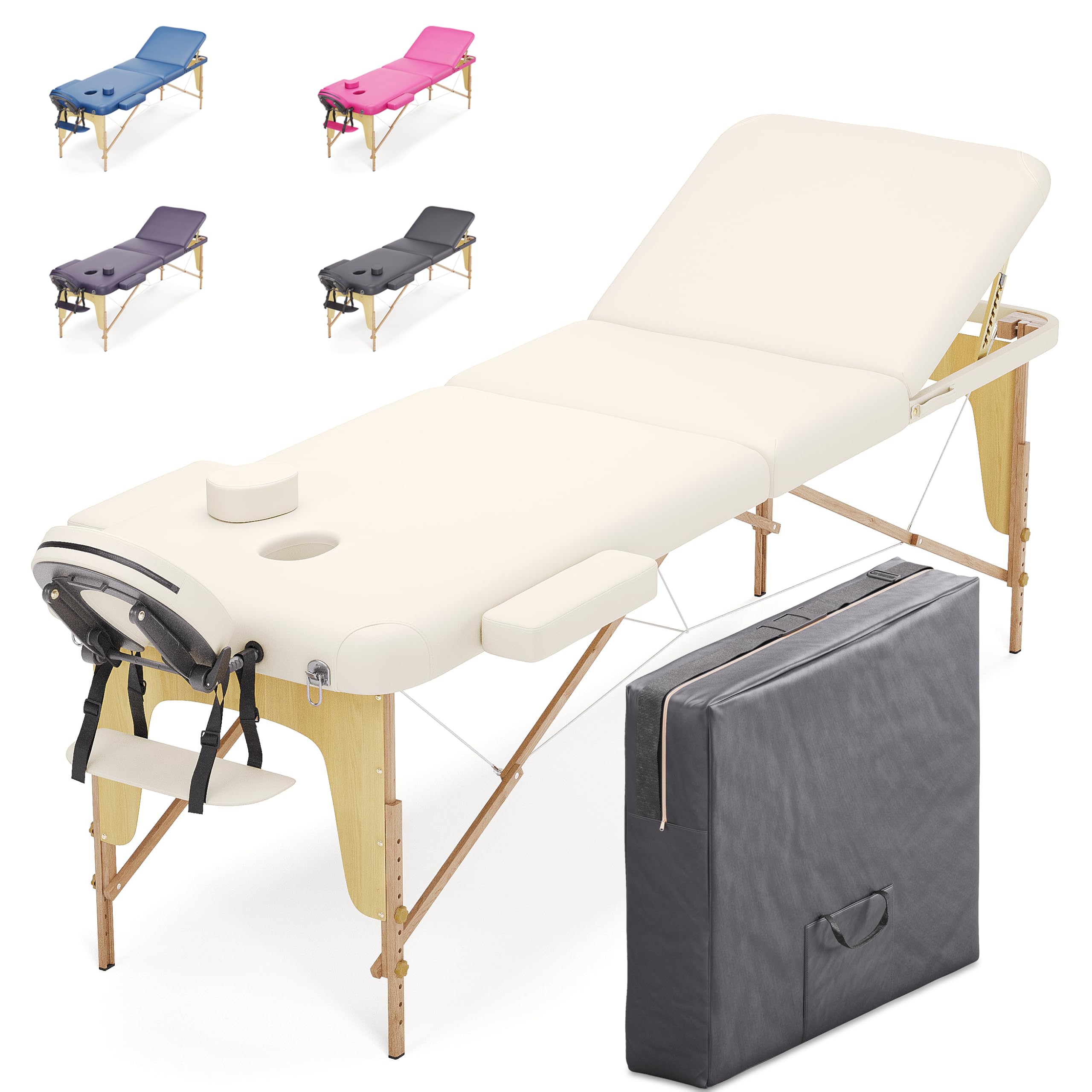 BELTOM® Camilla de Masaje 3 Zonas portatil 180 x 56 cm. - Pesa Solo 13,2 kg. y con Accesorios 15,5 kg. - Mesa Cama Banco Plegable Reiki Fsioterapeuta - Crema