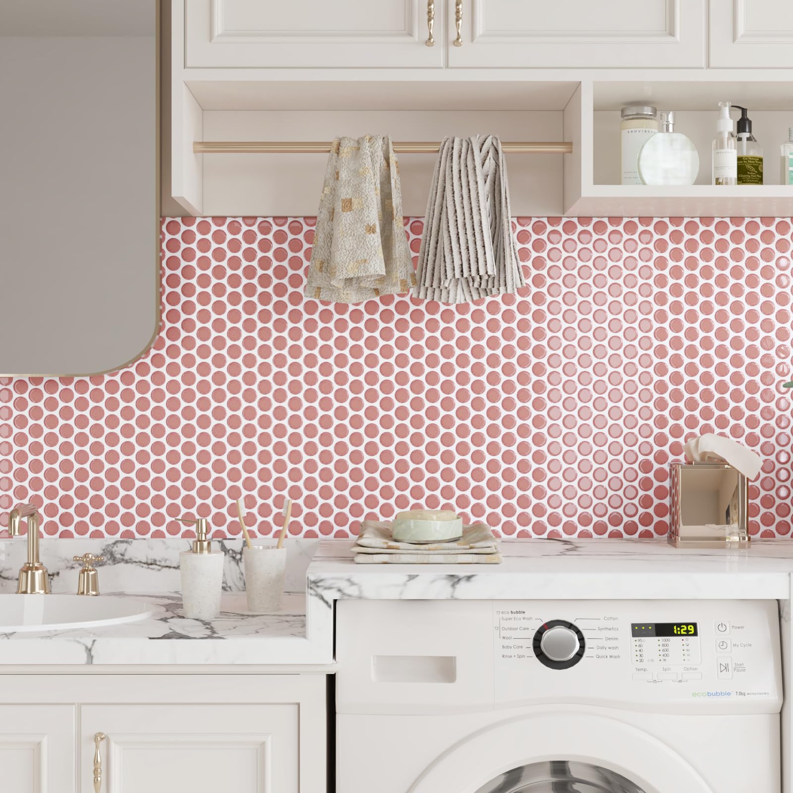 CRE8TIVE Azulejos Adhesivos Rosa Redondo 16 Piezas Vinilos Azulejos Autoadhesivo Mosaico Adhesivo Azulejos Adhesivos Cocina Moderno Cenefas Adhesivas Baño Impermeable Baldosas Lavadero 30.5 x 30.5cm