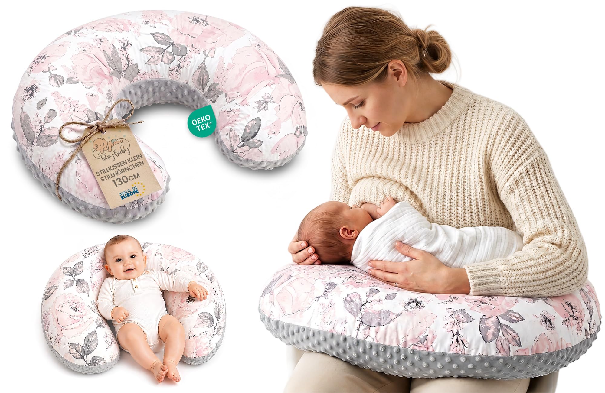 Totsy Baby Cuscino allattamento e gravidanza Minky 130 cm - cuscini neonato per allattare e dormire accessori per mamma y bebe lavabile e multifunzione Oeko-Tex Grigio Rosa Selvatico