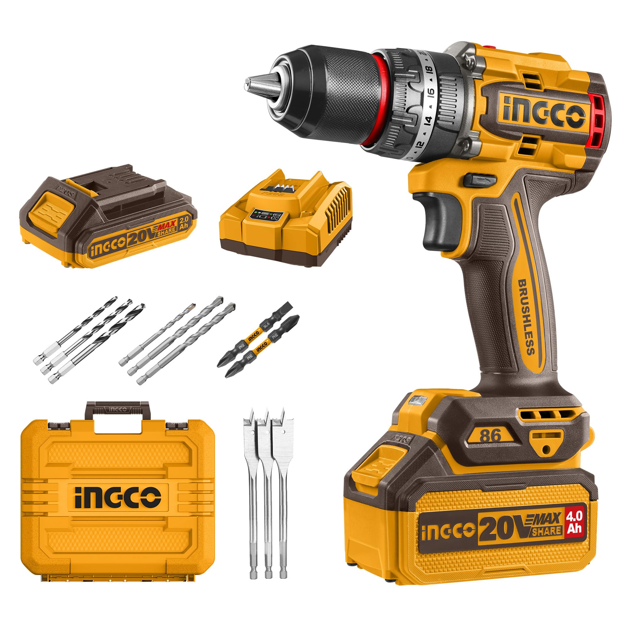 INGCO 20V Brushless Cordless Impact Drill, 86Nm, 2×Speed & 13mm Metal Chuck - Includes 2.0Ah+4.0Ah Dual Batteries, Charger & 11Pcs Drill Bit Set for Home, DIY & Professional Use-picture-11