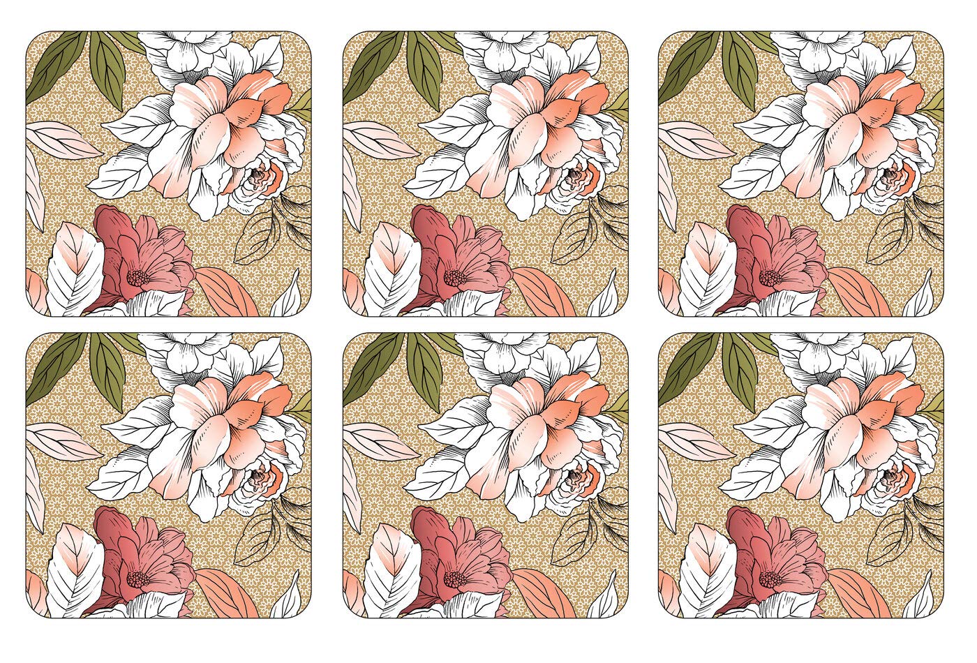 Portmeirion Home & Gifts Floral Sketch Cork Backed Coasters Set of 6, Multi Coloured, 10.5 x 10.5cm