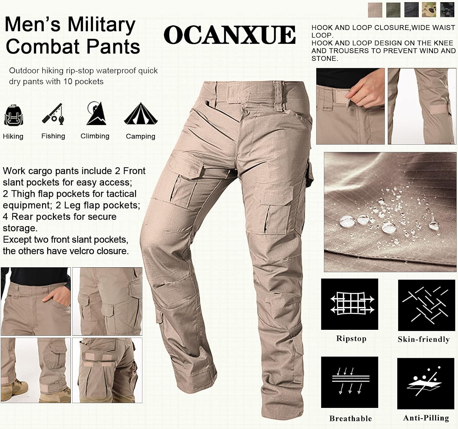 Men's Tactical Pants Camo Cargo Pants Ripstop Work Hiking Pants with 10 Pockets No Belt - Image 4