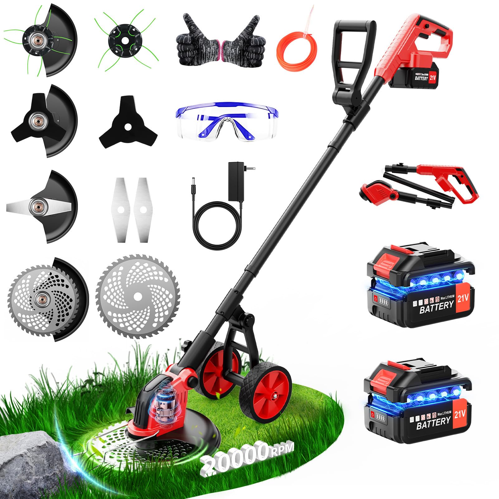 Desbrozadora Batería 4-en-1 con Rueda, Desbrozadora Electrica 12 Pulgadas, 20000 RPM, esbrozadoras con 2 x 3000 mAh Baterías, 4 Tipos de Cuchillas, Cortadora de Césped Multifunción para Jardín