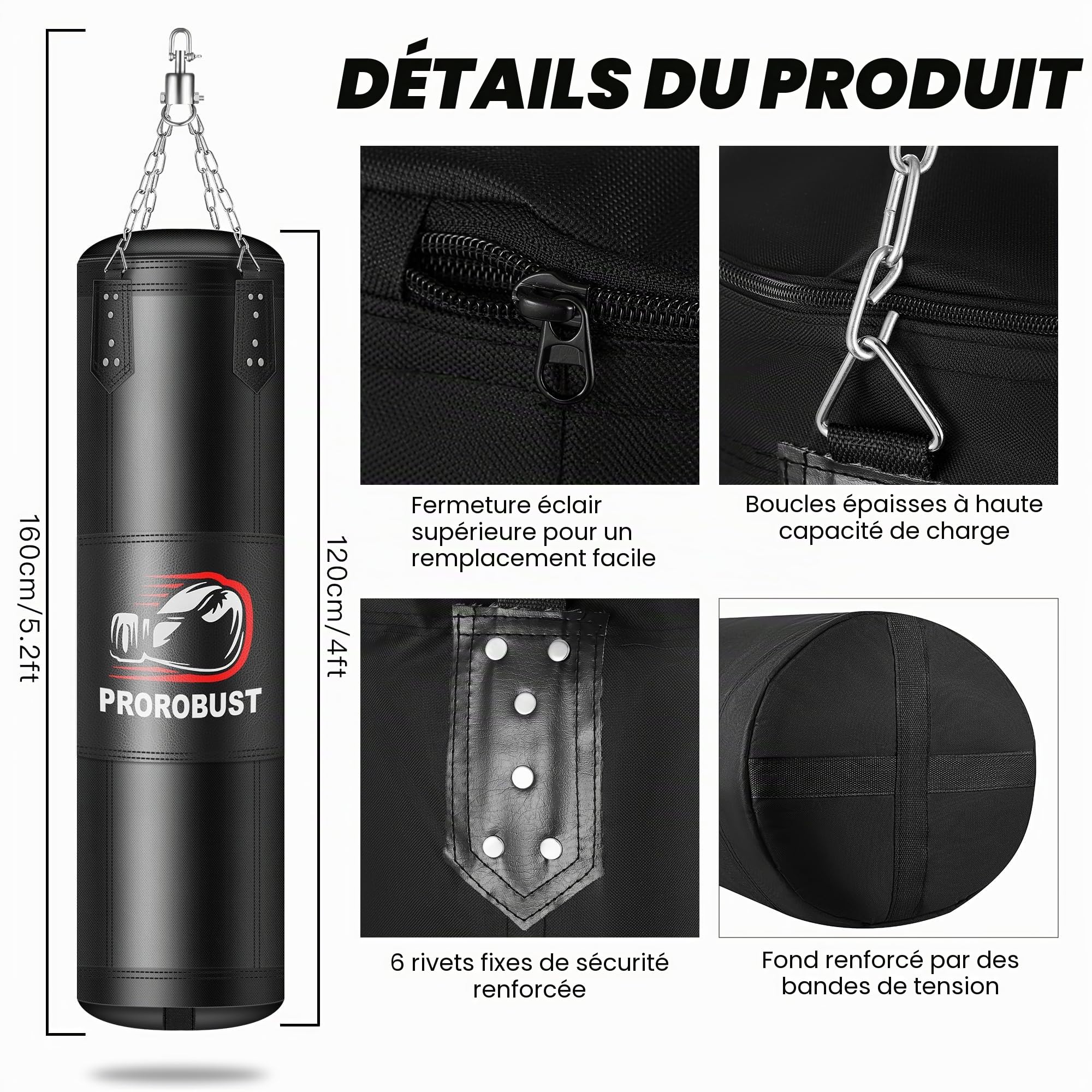 Sac de Frappe Oxford, 120 cm Lourd pour Adultes avec Gants de 12 oz pour MMA, Kickboxing, karaté, entraînement à Domicile (Non rempli), Noir, 120 cm