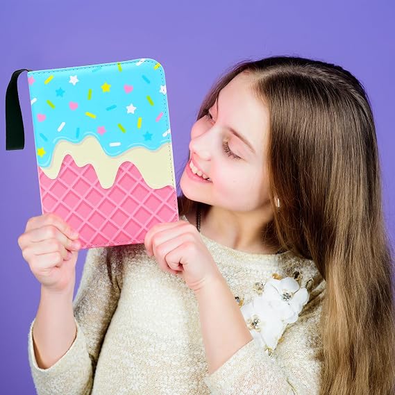 Cute Ice Cream Cake Card Binder for Girls, 400 Pocket Card Album Gifts, Ice Cream Donut Trading Game Card Holder Album for Standard Size Cards, Collectible Game Collection Case (Blue)