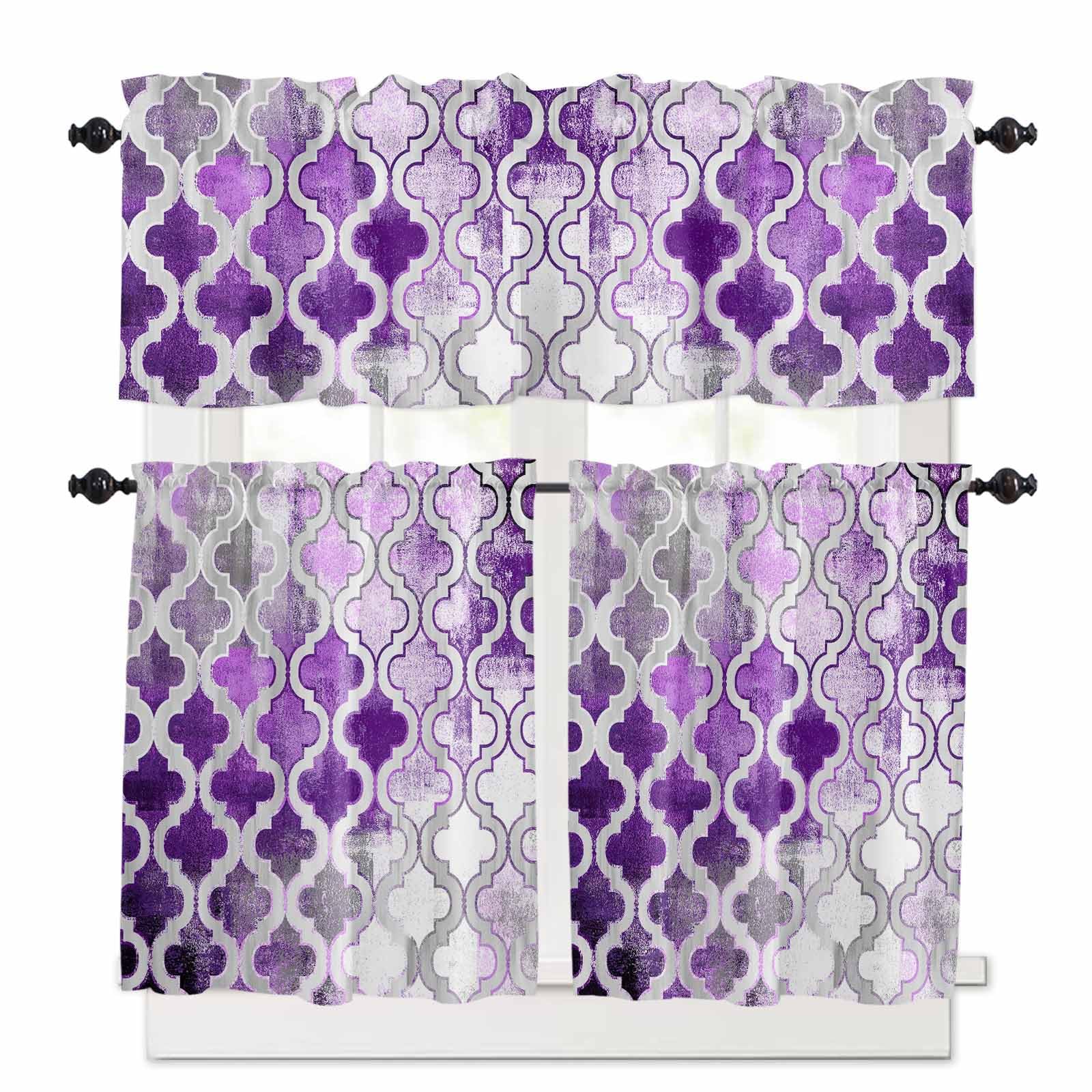 Purple Morocco Kitchen Curtains 24 Inch Length,3 Piece Rod Pocket Small Half Tiers and Valance Set,Rustic Country Smear Street Mottled Art Small Large Window Treatment Decor for Bedroom/Bathroom Sink