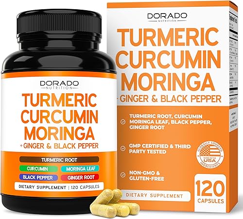 Suplemento de curcumina de cúrcuma con pimienta negra, jengibre, moringa (equivalente a 10:1 3000 mg por porción, fabricado con 95% de