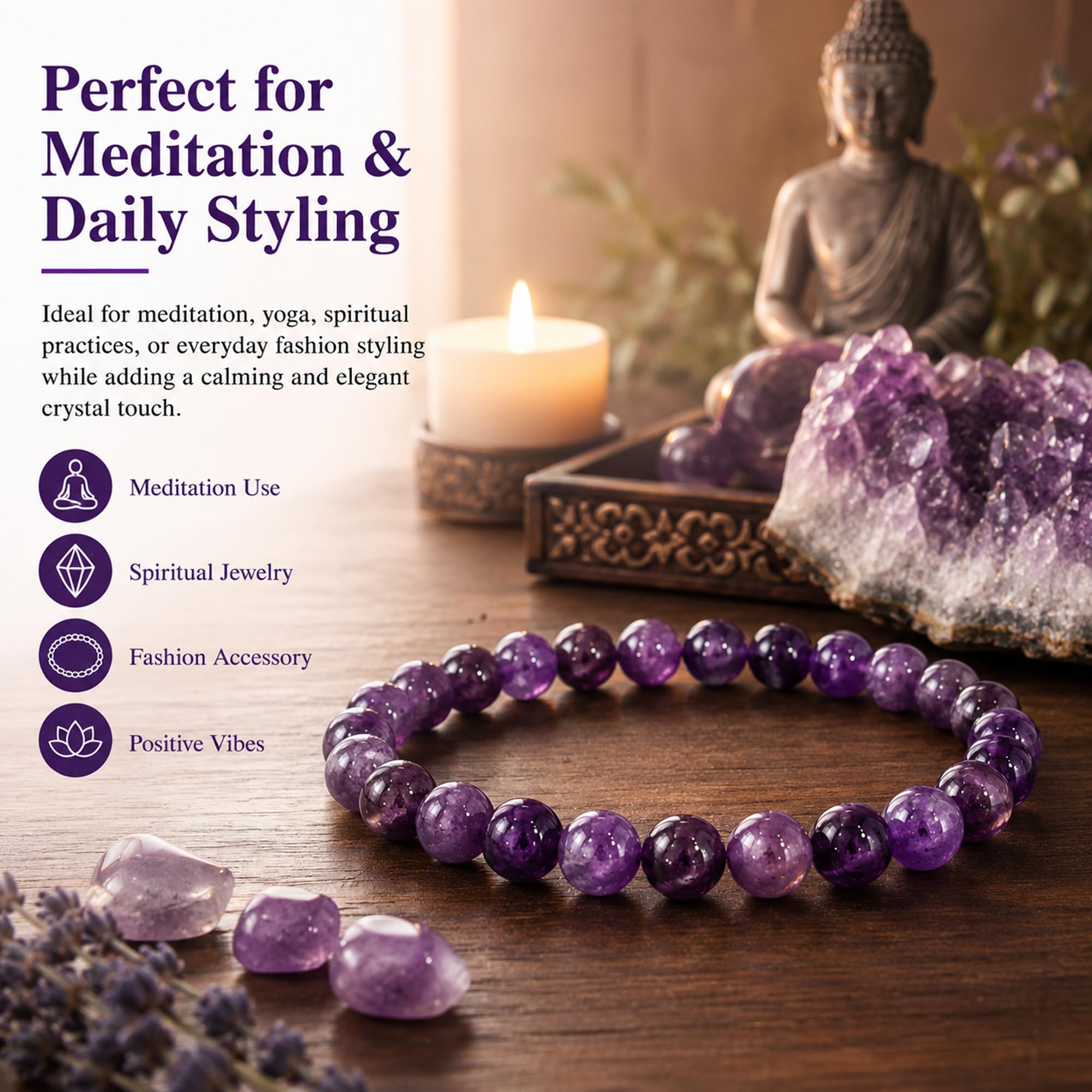 Serein Amethyst Bracelet Round 8mm Beaded Healing Crystal Stone Adjustable Authenticate Bracelets for Calmness, Stress Relief, Emotional Balance, Spiritual Awareness, Intuition, Focus for Men & Women 4