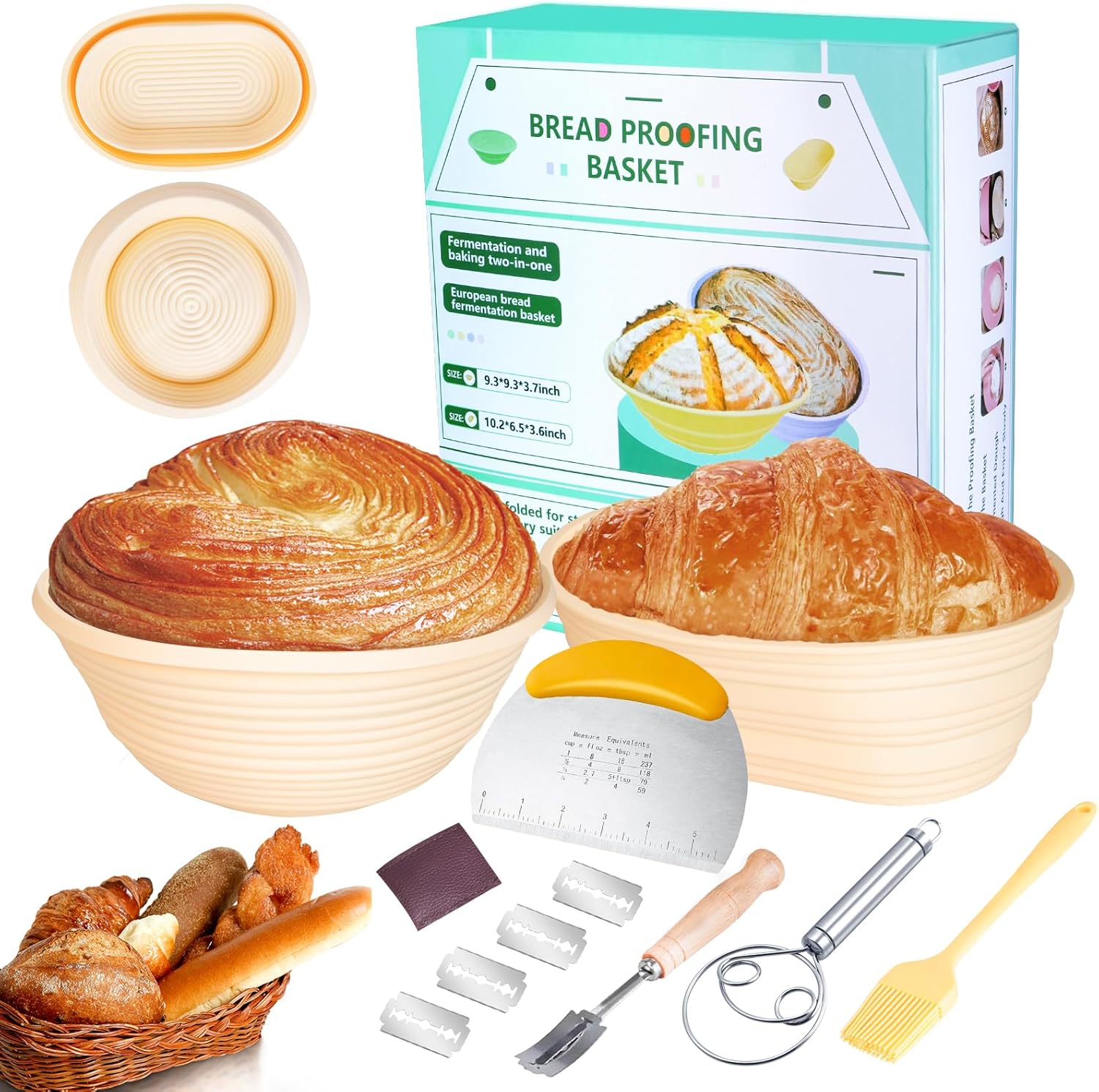 Silicone Bread Proofing Baskets Set of 2, 9 Inch Round & 10 Inch Oval