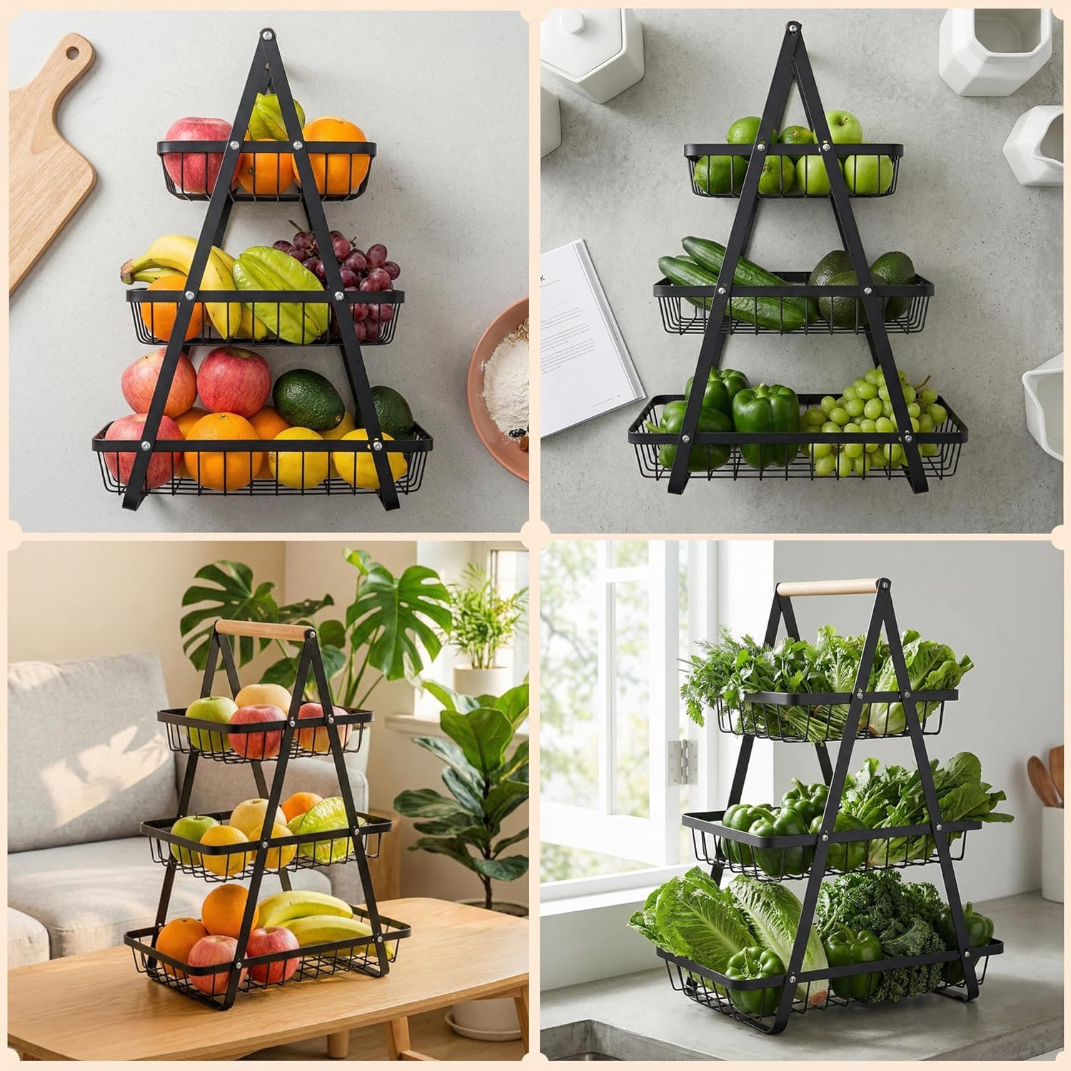 3-stöckige Obst Etagere aus Metall – großer Obstkorb schwarz mit abnehmbarer Obstschale, moderner Obsthalter für Küche, vielseitiger Ablagekorb mit Holzgriff, ideal für Obst, Gemüse, Brot und Snacks