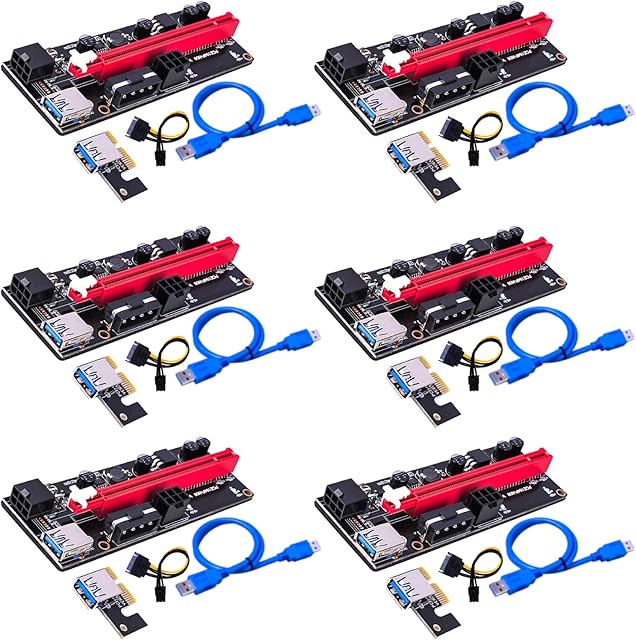 Mini PCI-E Express 16x Extender Riser Adapter 60cm USB 3.0 Riser Cable Powered Riser Adapter Card with SATA Power Cord for Bitcoin Litecoin ETH Coin Mining Video Card Mining (6Pin, 1x to 16x) (6 pack)