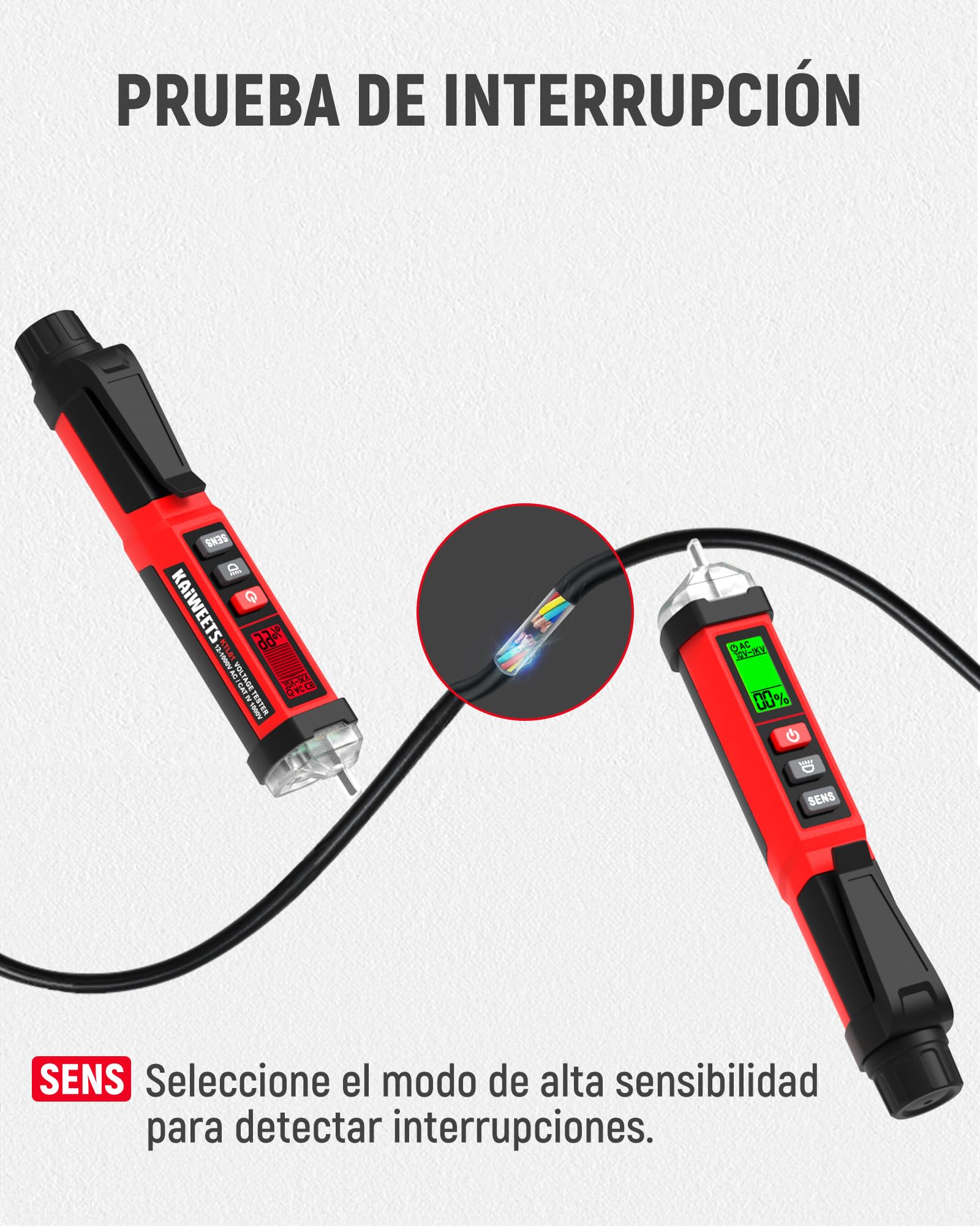 KAIWEETS Detector de Voltaje NCV, Probador de Voltaje 12-1000V / 70-1000V AC con Pantalla LCD, Indicador de Señal, Alarma Sonora y Linterna LED, Buscapolos Eléctrico Certificado ETL CAT IV