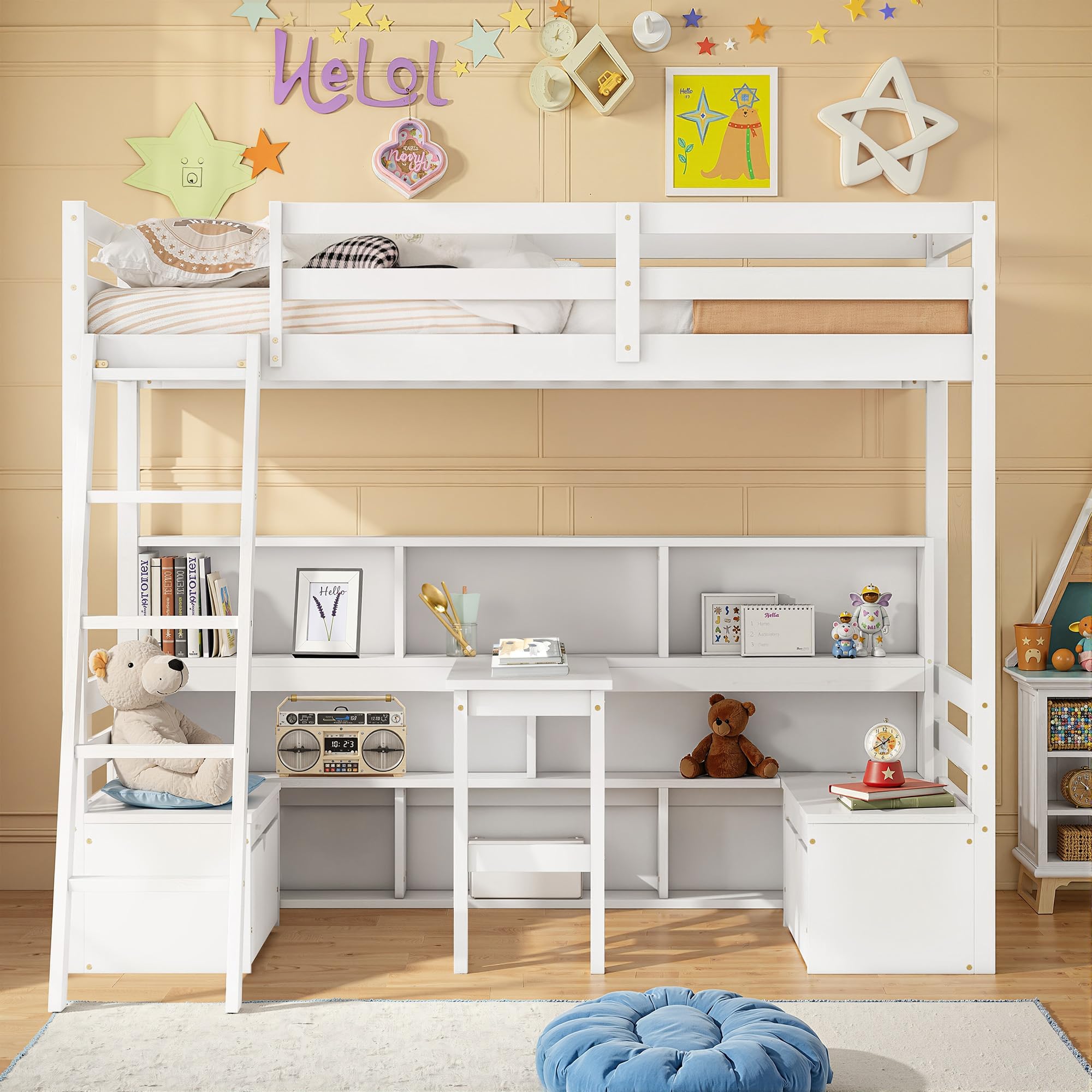 Okak Twin Size Loft Bed, Toddler Kids Loft Bed with Desk and Storage, Wood Beds Frames with Shelves, Drawers, Seat for Girls or Boys Room, White