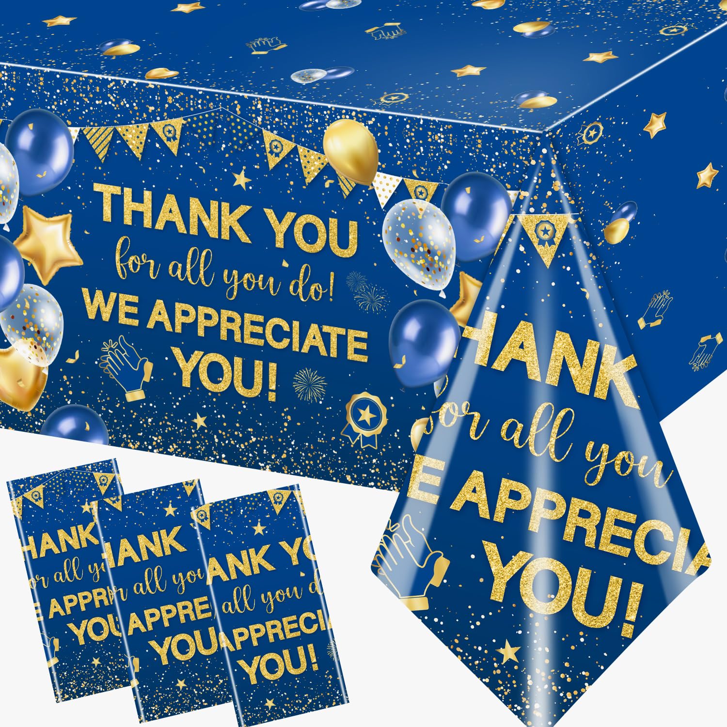 TEMYAXU 3Pieces We Appreciate You Decorations Tablecloth, 71 * 43 Inch Thank You for All You Do Table Cover Blue and Gold Thank You Tablecloth for Employee Volunteer Appreciation Decorations